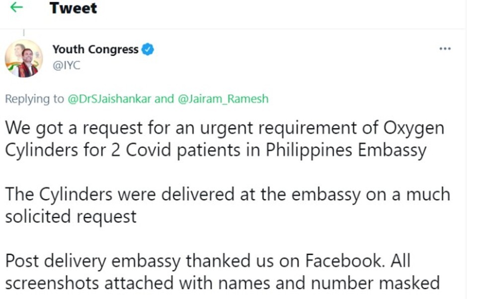 A tweet by the youth wing of Congress Party regarding the oxygen cylinders for the Philippine embassy. Photo: Twitter