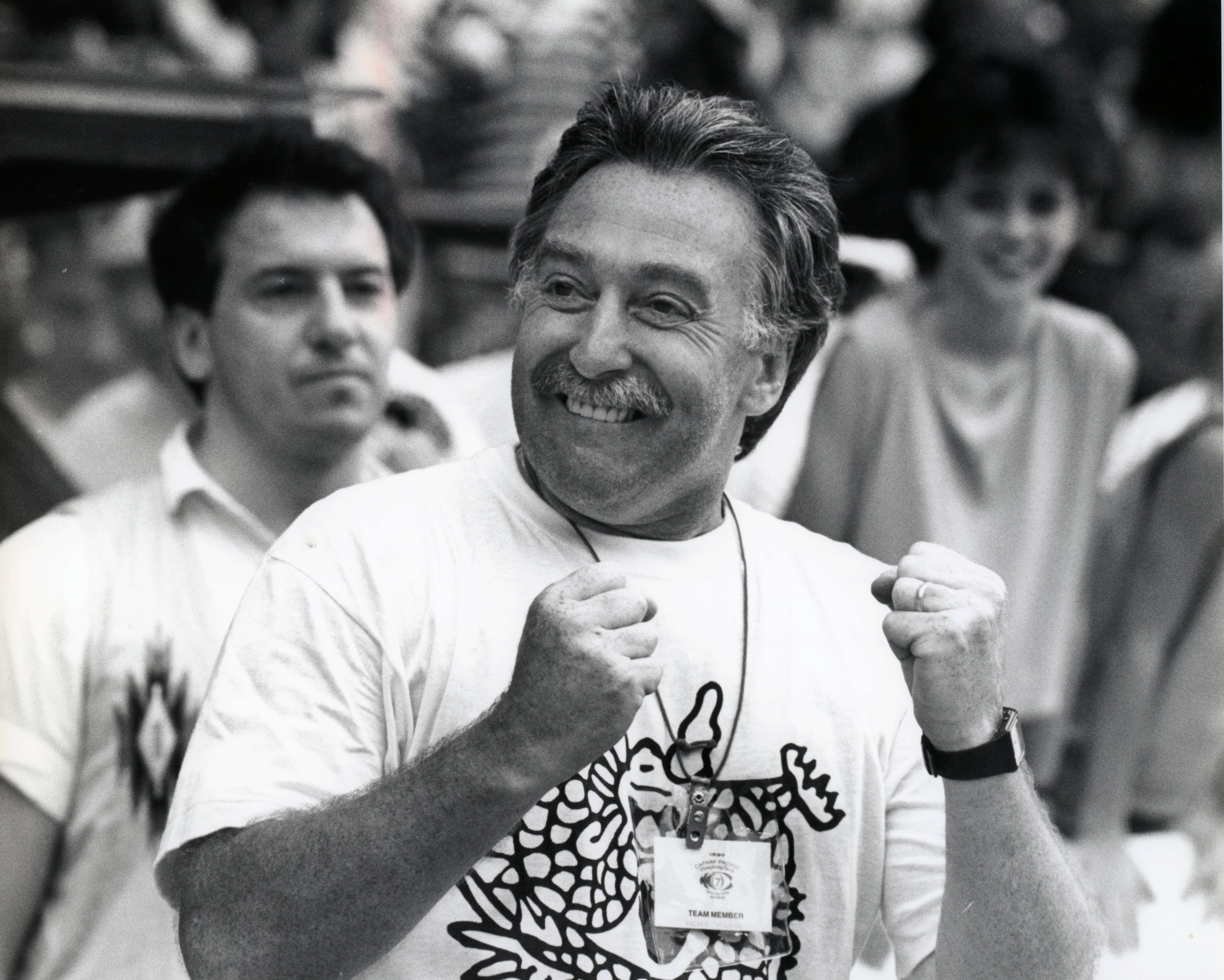 Jim Rowark shows his delight after Hong Kong win the Plate competition at the 1990 Hong Kong Sevens, beating Japan in the final. Photo: SCMP