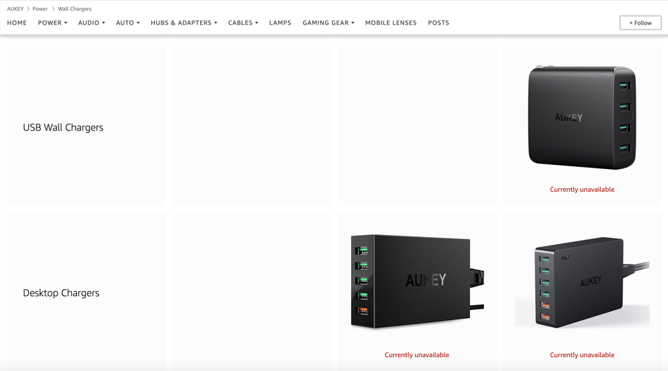 Products are listed as “currently unavailable” on Aukey's Amazon store on May 11, 2021. Photo: Screenshot