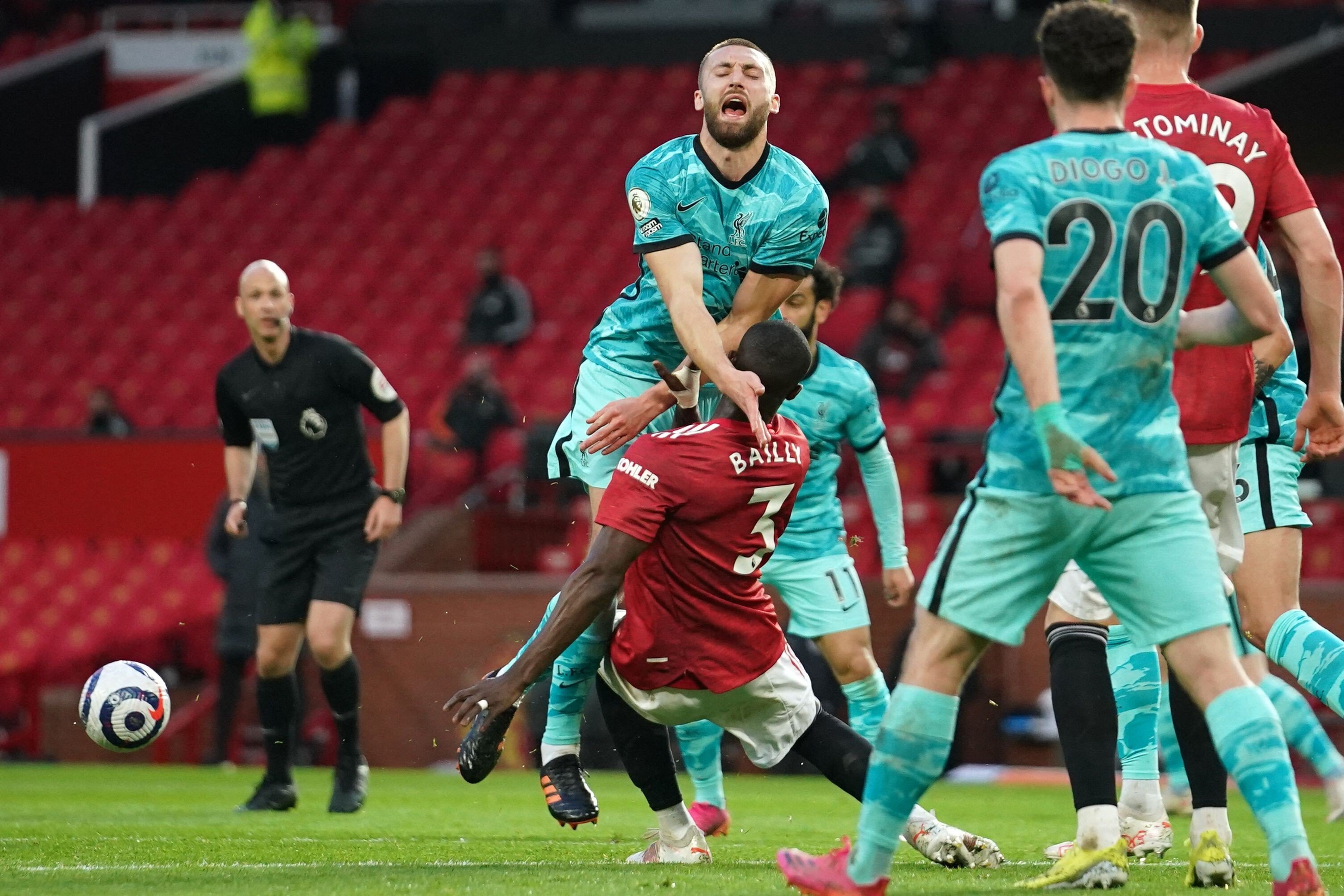 Eric Bailly’s challenge on Liverpool’s Nat Phillips almost cost his team in the Premier League clash. United don’t have the same stability when the Ivorian plays. Photo: AFP