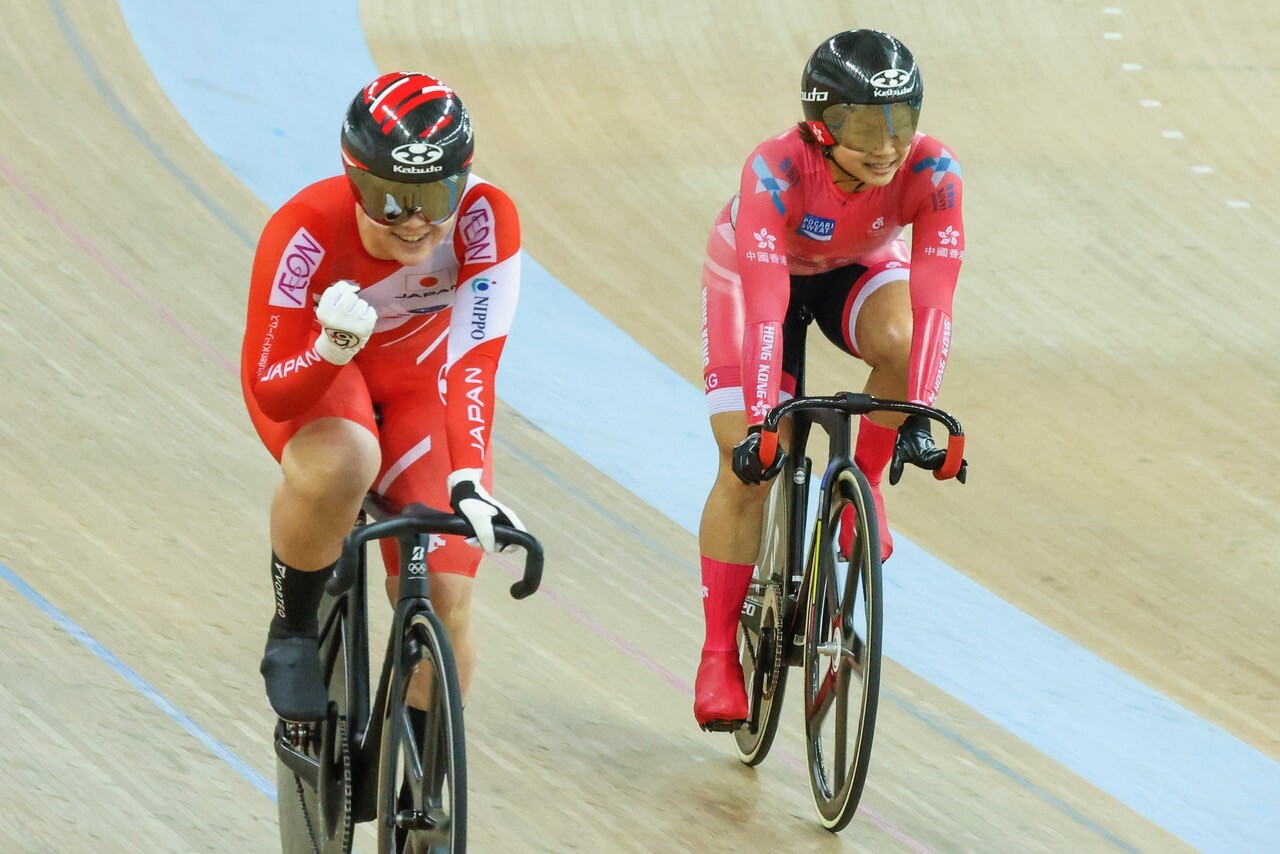 Japan’s Yuka Kobayashi and Hong Kong’s Sarah Lee Wai-sze in the women's keirin final at the UCI Track Cycling Nations Cup at the Hong Kong Velodrome in Tseung Kwan O. Photo: SCMP / May Tse