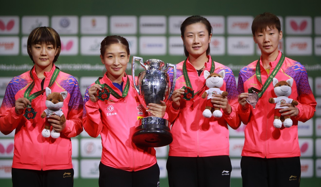 (From left) Chinese Olympians Chen Meng (silver) and Liu Shiwen (gold) and bronze medallist teammates Ding Ning and Wang Manyu at the 2019 world championships in Budapest. Photo: ITTF