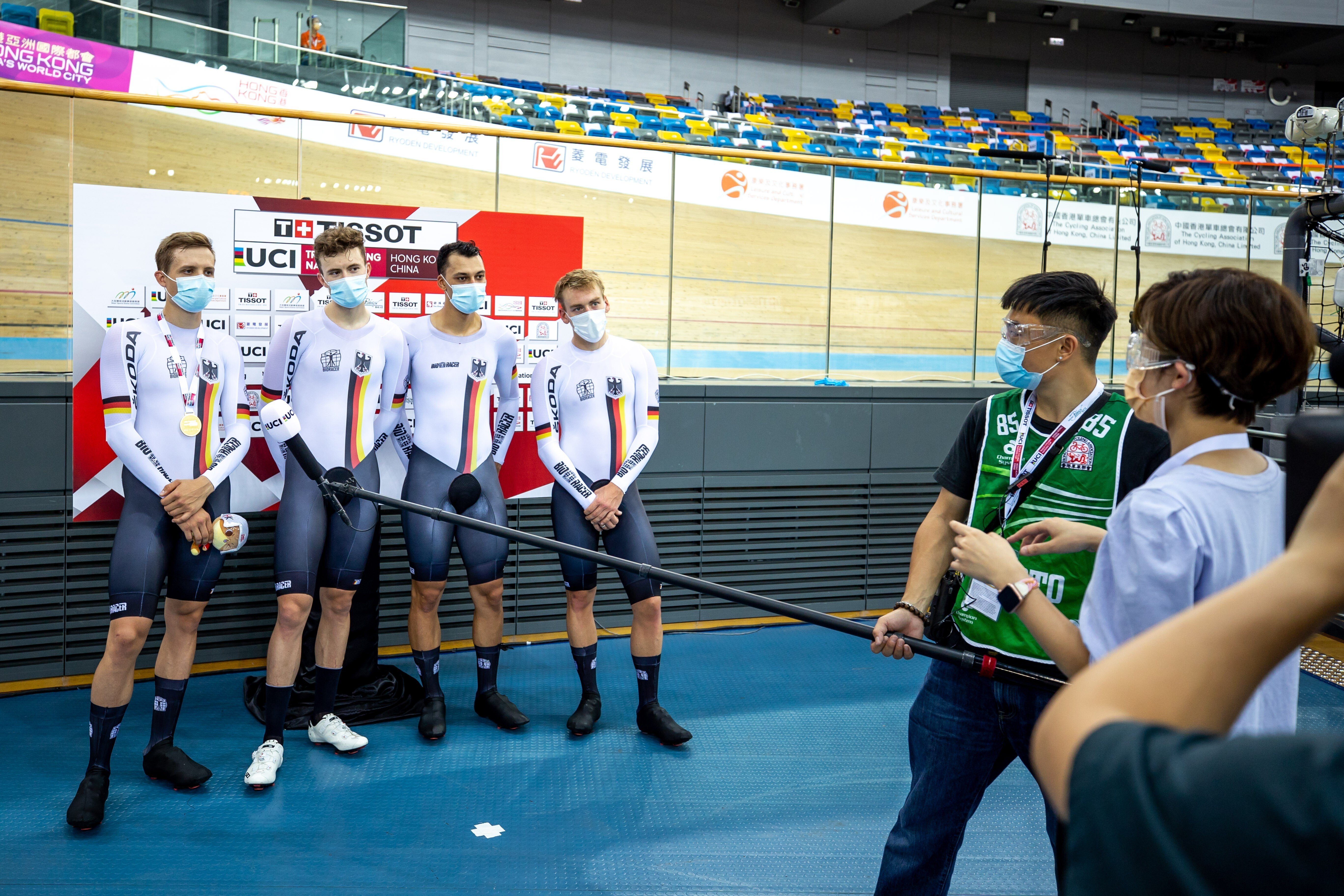 The German men’s team in an interview at the UCI Track Cycling Nations Cup at the Hong Kong Velodrome in Tseung Kwan O. Photo: Cycling Association of Hong Kong