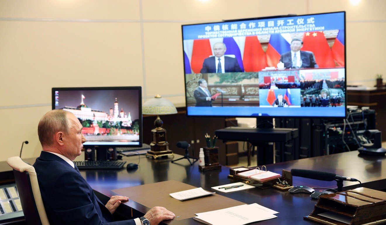 Russian President Vladimir Putin takes part in the ceremony via video link on Wednesday. Photo: AP