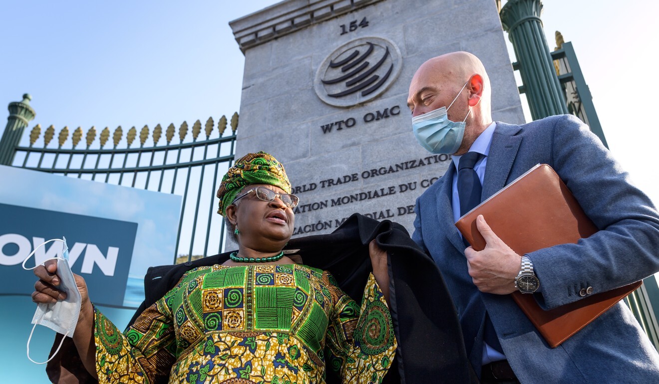 World Trade Organization director general Ngozi Okonjo-Iweala (left) arrives at the WTO headquarters in Geneva, Switzerland, on March 1. Photo: EPA-EFE