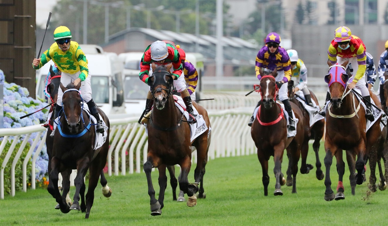 Joao Moreira salutes as Sky Darci (left) wins the Hong Kong Derby in March. Joao Moreira salutes as Sky Darci (left) wins the Hong Kong Derby in March.