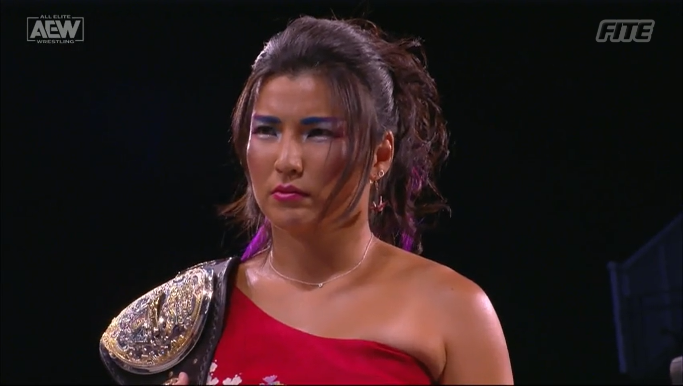 Hikaru Shida with the AEW women's title during an episode of Dynamite. Photo: AEW/Fite TV