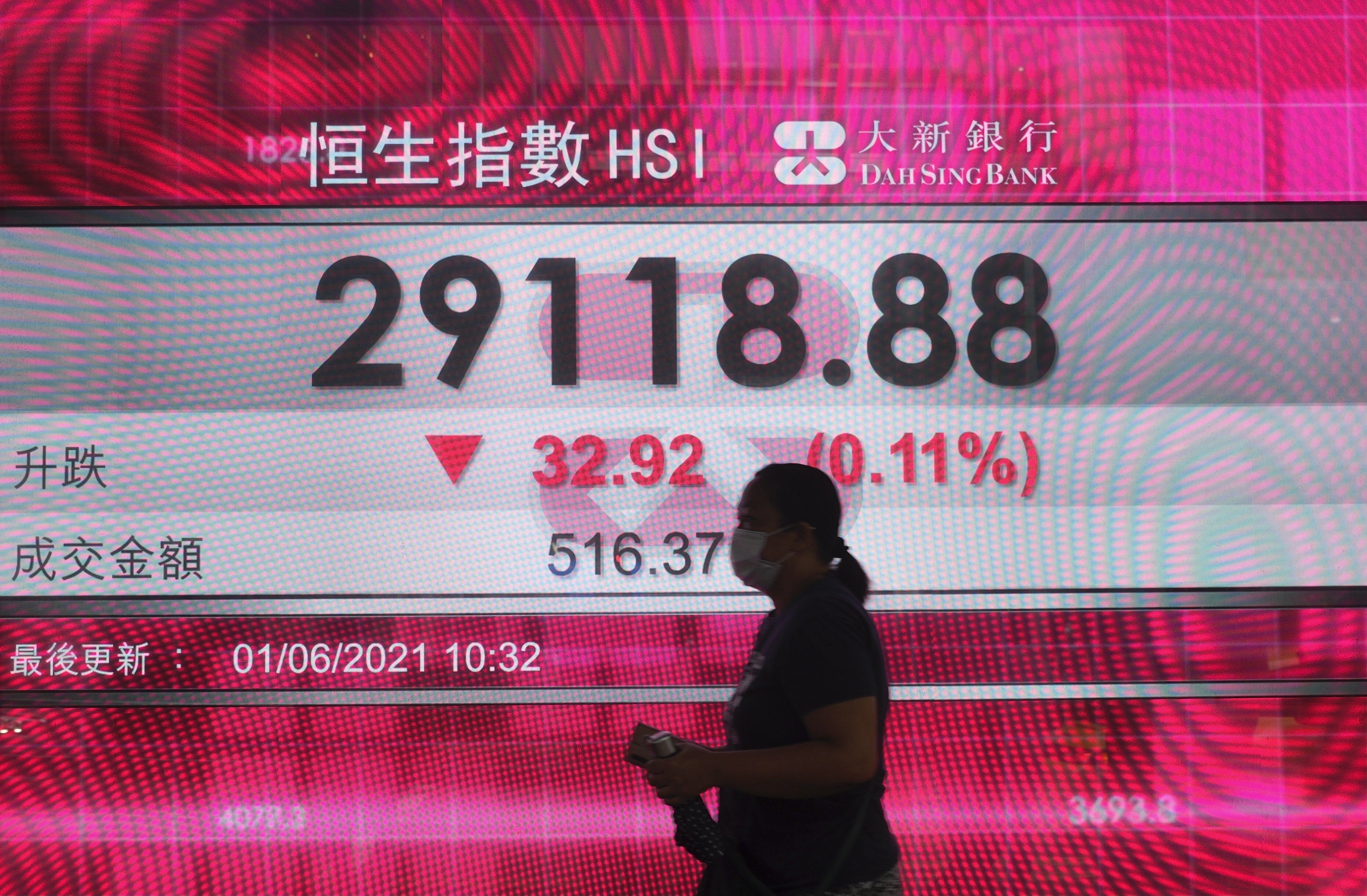 A woman walks past a bank's electronic board showing the Hang Seng Index index on June 1. Photo: AP