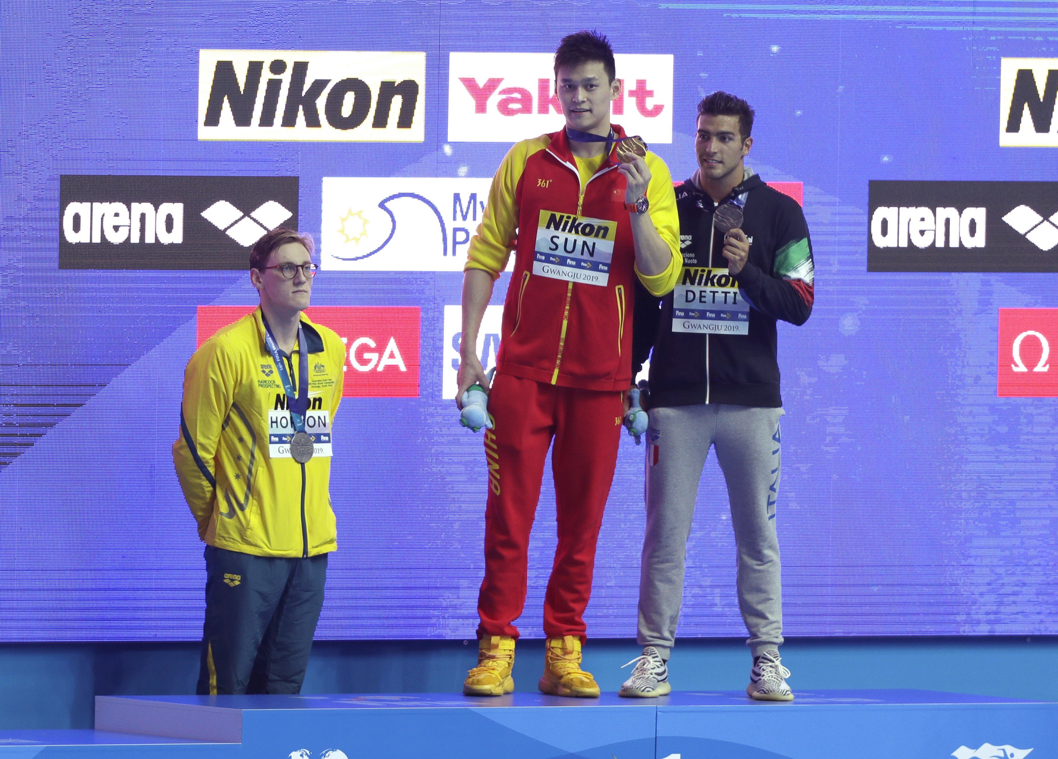 Australia’s Mack Horton refuses to share the podium with Sun Yang for the men’s 400m freestyle medal ceremony at the 2019 world championships. Photo: AP