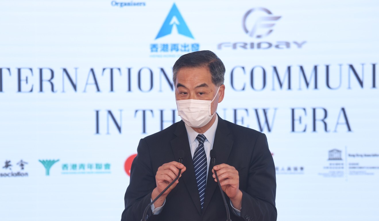 Former Hong Kong leader Leung Chun-ying gives the opening address at the opening of the forum on international communication in the new era. Photo: K.Y. Cheng