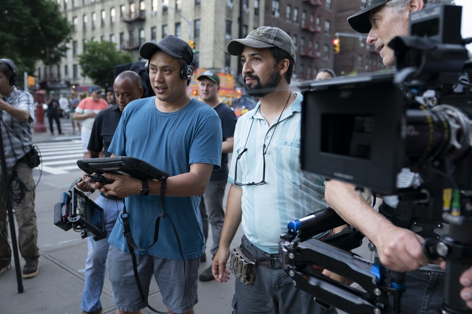 Jon M. Chu (left) and Lin-Manuel Miranda on the set of In the Heights.