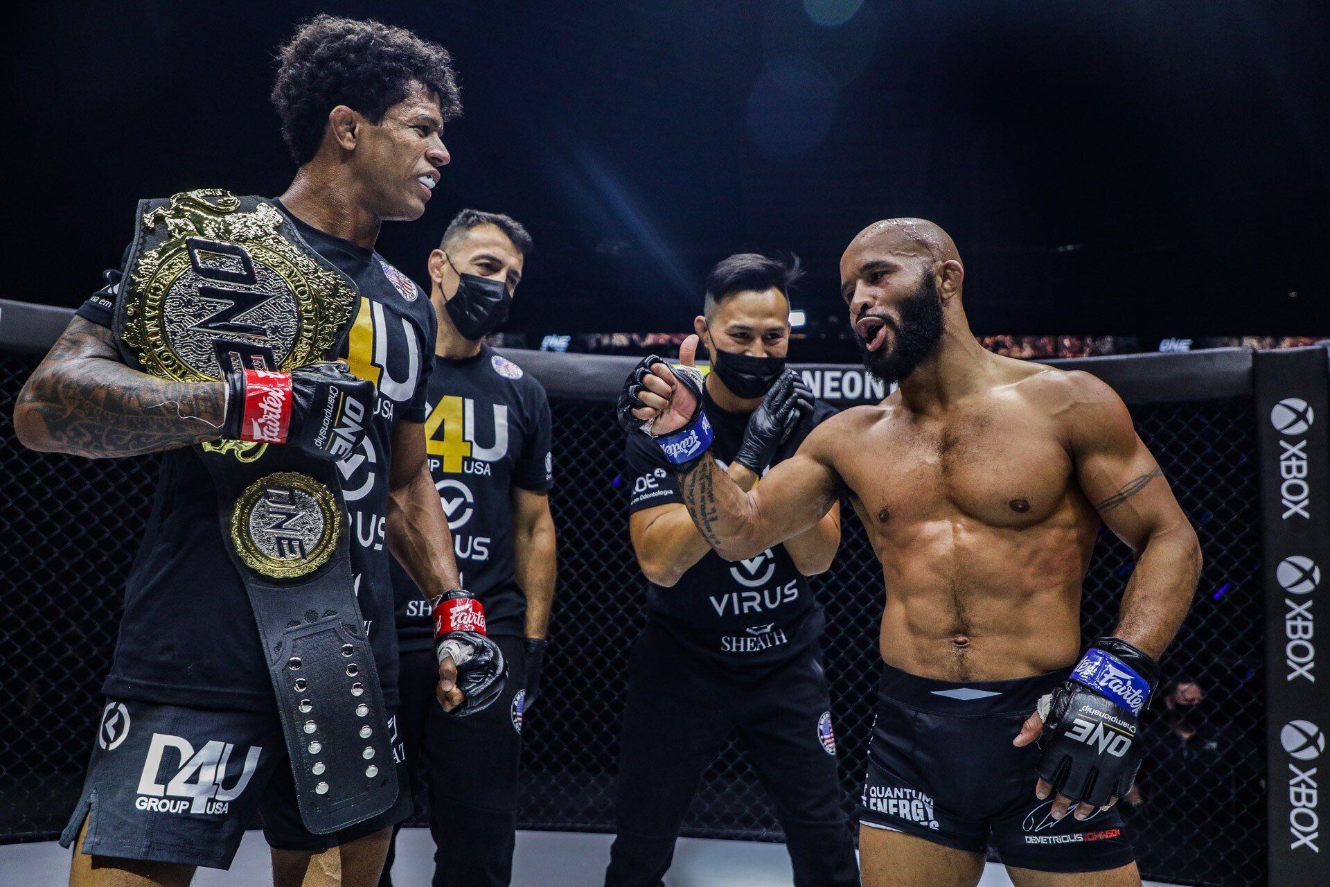 Demetrious Johnson congratulates Adriano Moraes after their fight at ONE on TNT 1. Photos: ONE Championship