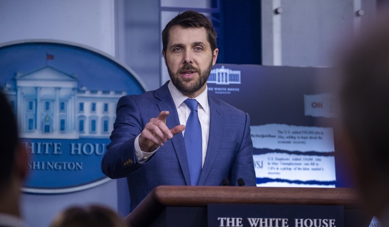 White House top economic adviser Brian Deese takes a question during a news conference at the White House in Washington on Friday. Photo: EPA via Bloomberg