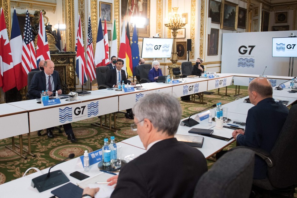 Britain's Chancellor of the Exchequer Rishi Sunak (top, centre left), US Treasury Secretary Janet Yellen (top, centre right), Italy's Economy and Finance Minister Daniele Franco (bottom left) and Germany's Finance Minister Olaf Scholz (bottom right) gathered last week at the Group of Seven Finance Ministers Meeting, held at Lancaster House in London, to hammer out an agreement on corporate tax harmonisation. Photo: Agence France-Presse