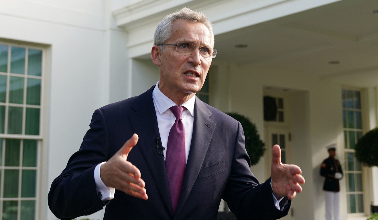 Nato Secretary General Jens Stoltenberg speaks to reporters outside the White House after meeting with US President Joe Biden on Monday. Photo: AFP