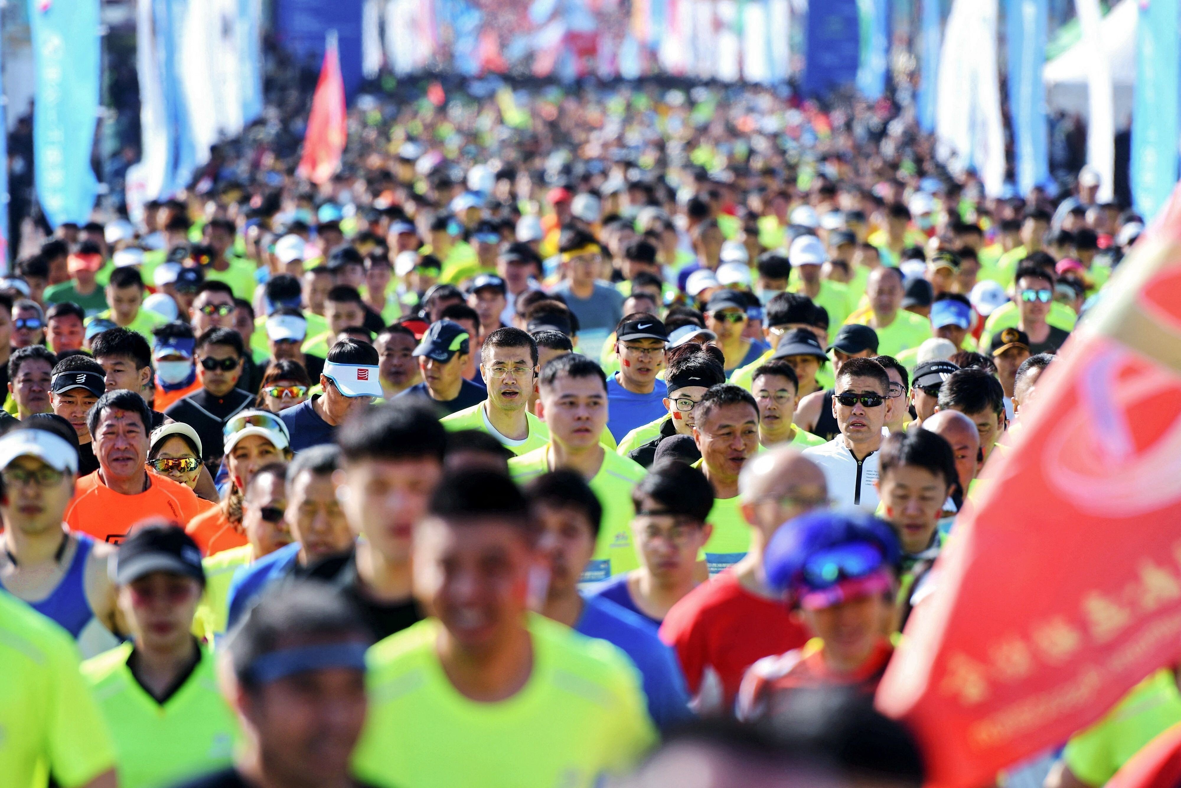 Runners take part in the Qingdao West Coast half marathon in China's eastern Shandong province on April 18. Photo: AFP