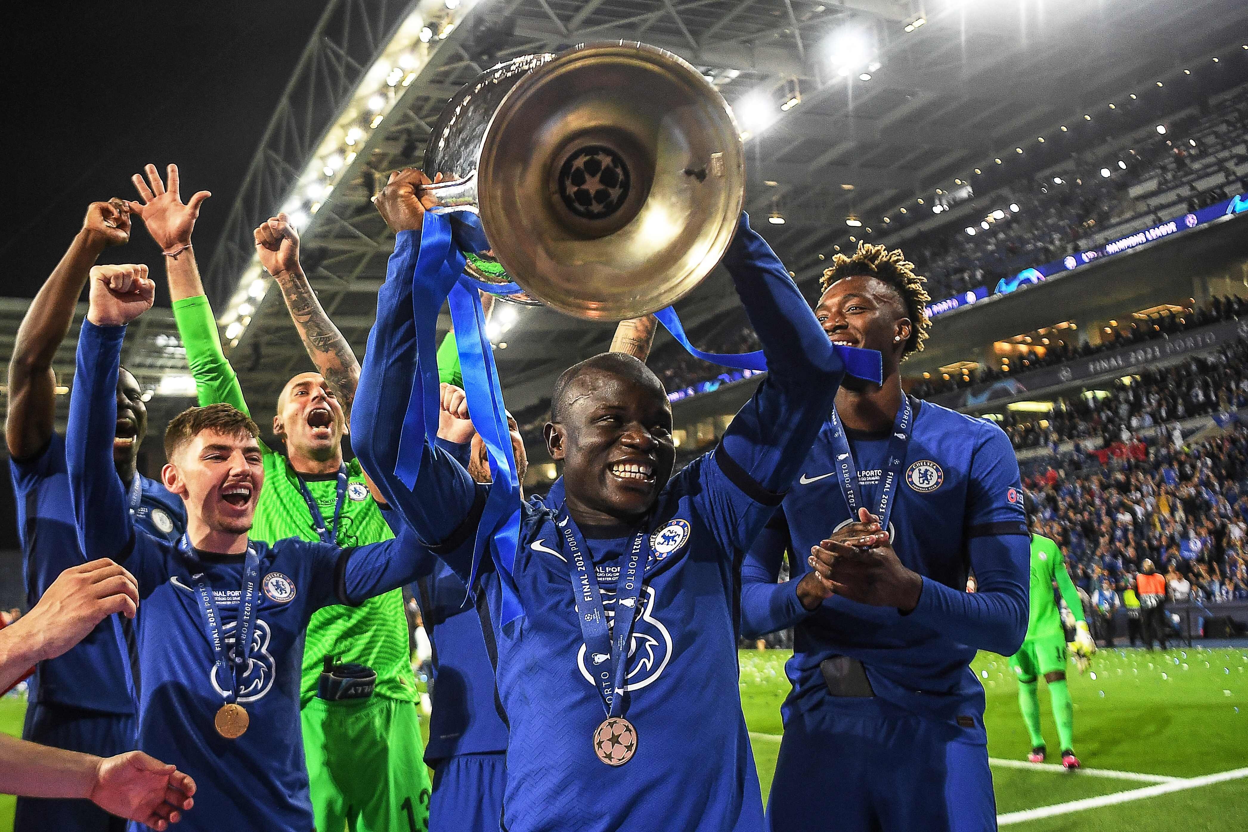 Chelsea’s French midfielder N’Golo Kante lifts the trophy after winning the 2020-21 Uefa Champions League. Photo: AFP