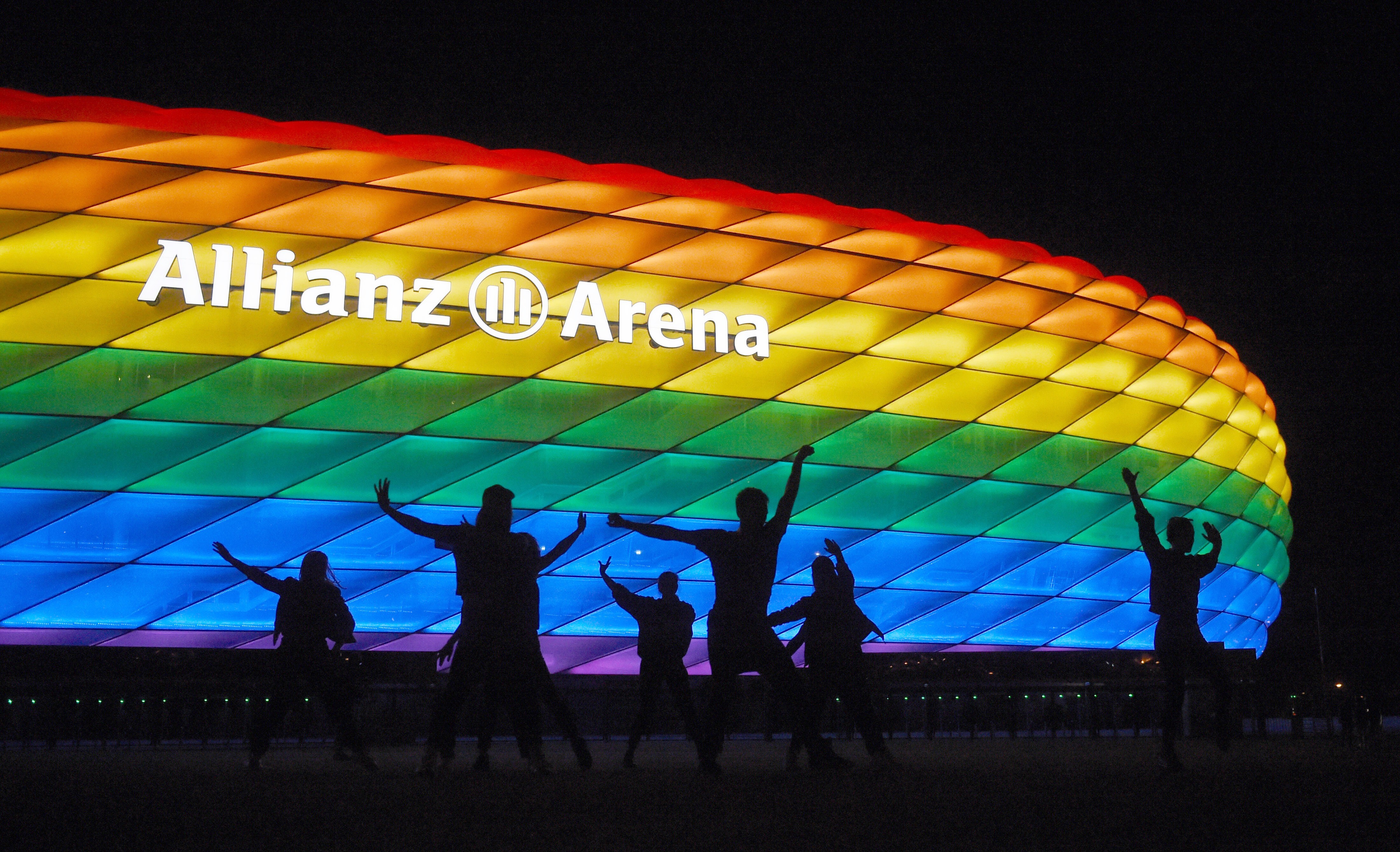 The shell of the Allianz Arena lit up in rainbow colours. Munich’s stadium cannot be illuminated in rainbow colours for Wednesday's Euro 2020 match between Germany and Hungary, the ruling body Uefa has said. Photo: Picture Alliance / DPA