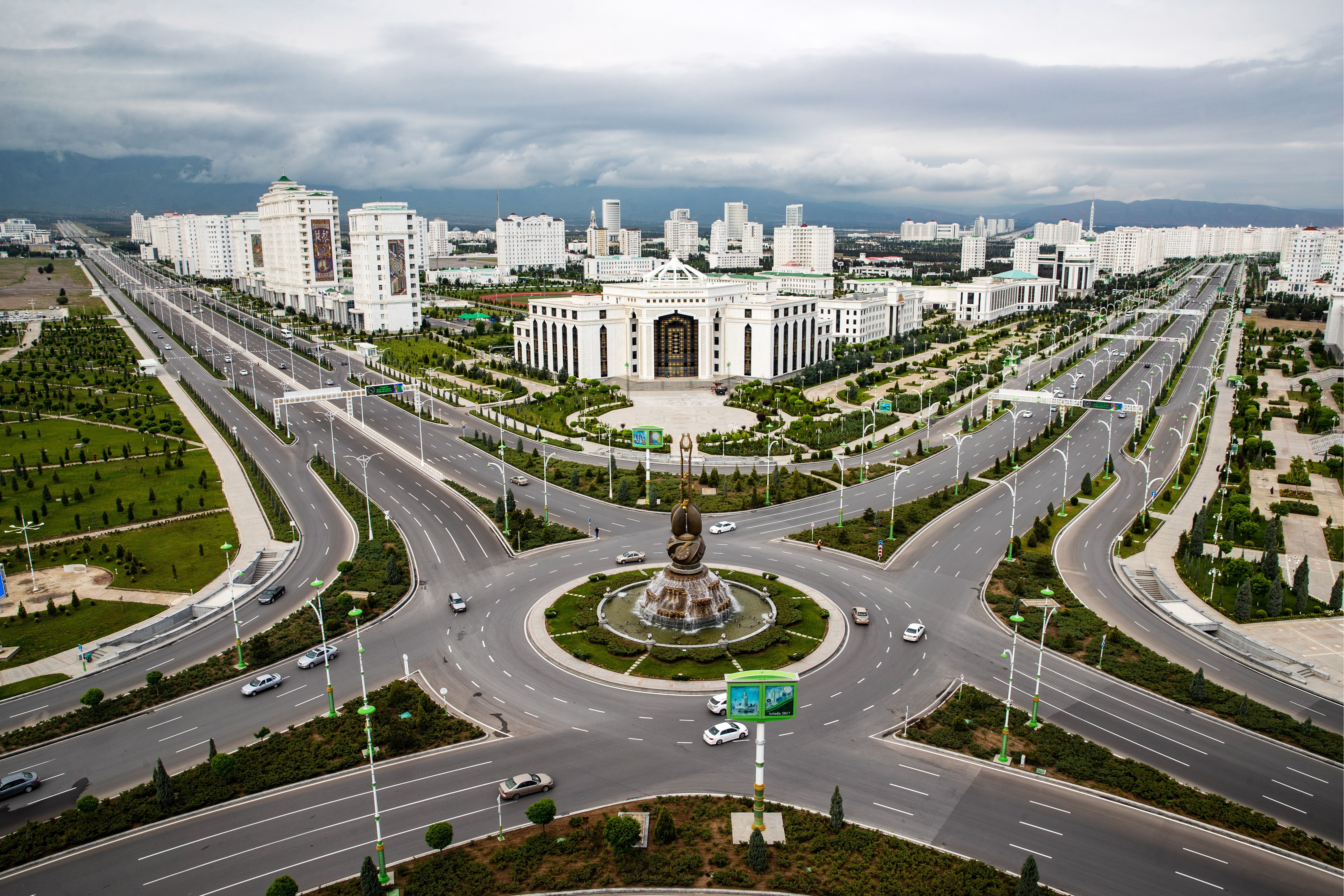An aerial view of the Dutar monument (front) symbolising inspiration in Turkmen art and Turkmen State Institute of Culture (back) in Ashgabat, capital of Turkmenistan. Photo: TASS