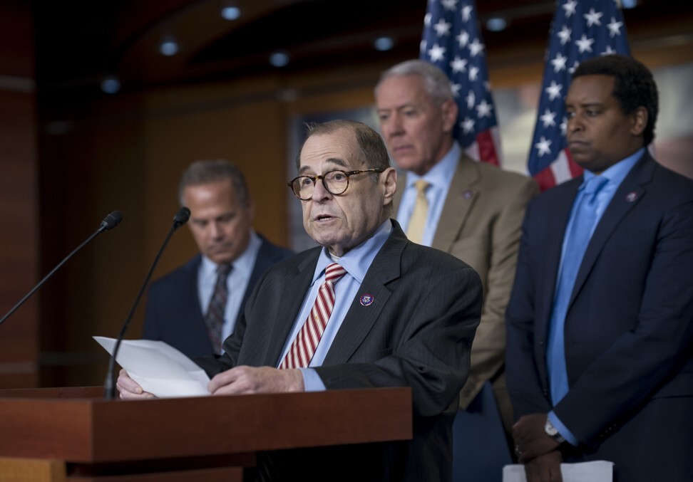 House Judiciary Committee Chair Jerrold Nadler – joined by, from left, Representative David Cicilline, a Democrat from Rhode Island and chairman of the antitrust subcommittee, Representative Ken Buck, a Republican from Colorado and the ranking member of the antitrust subcommittee, and Representative Joe Neguse, a Democrat from Colorado – speaks to reporters about antitrust bills on June 16. Photo: AP