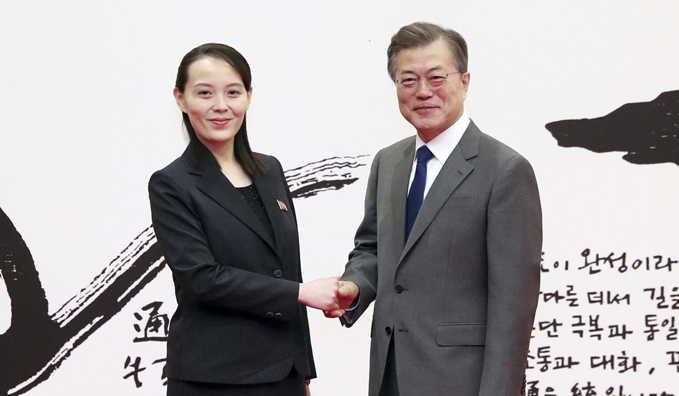 South Korean President Moon Jae-in, right, poses with Kim Yo-jong, North Korean leader Kim Jong-un’s sister, at the Winter Olympics in 2018. Photo: AP