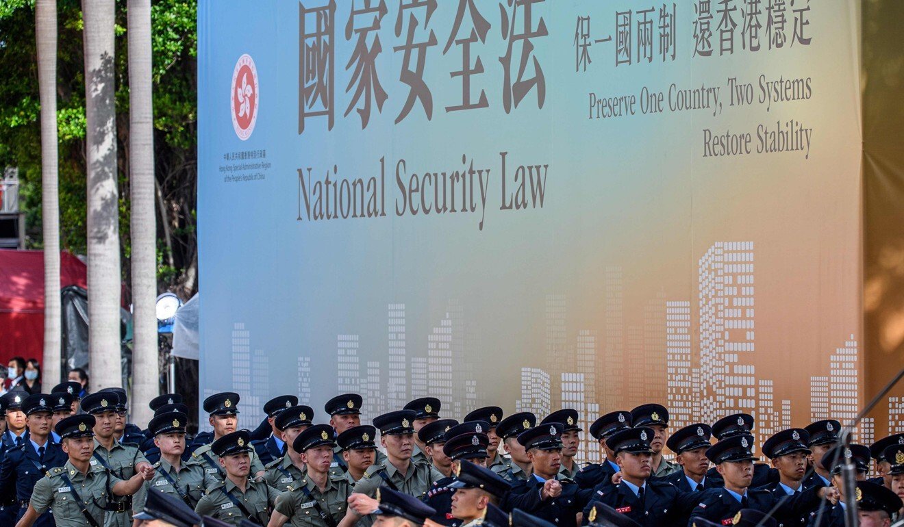 A banner promoting Hong Kong’s national security law. Photo: AFP