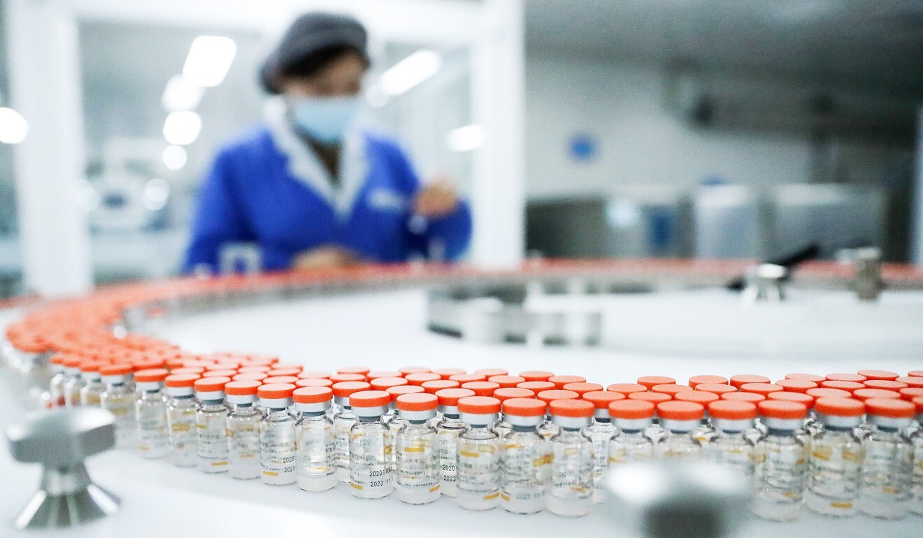 Vials of Sinovac, one of the most widely used Covid-19 vaccines in China, roll on a manufacturing line in Beijing. Photo: Xinhua