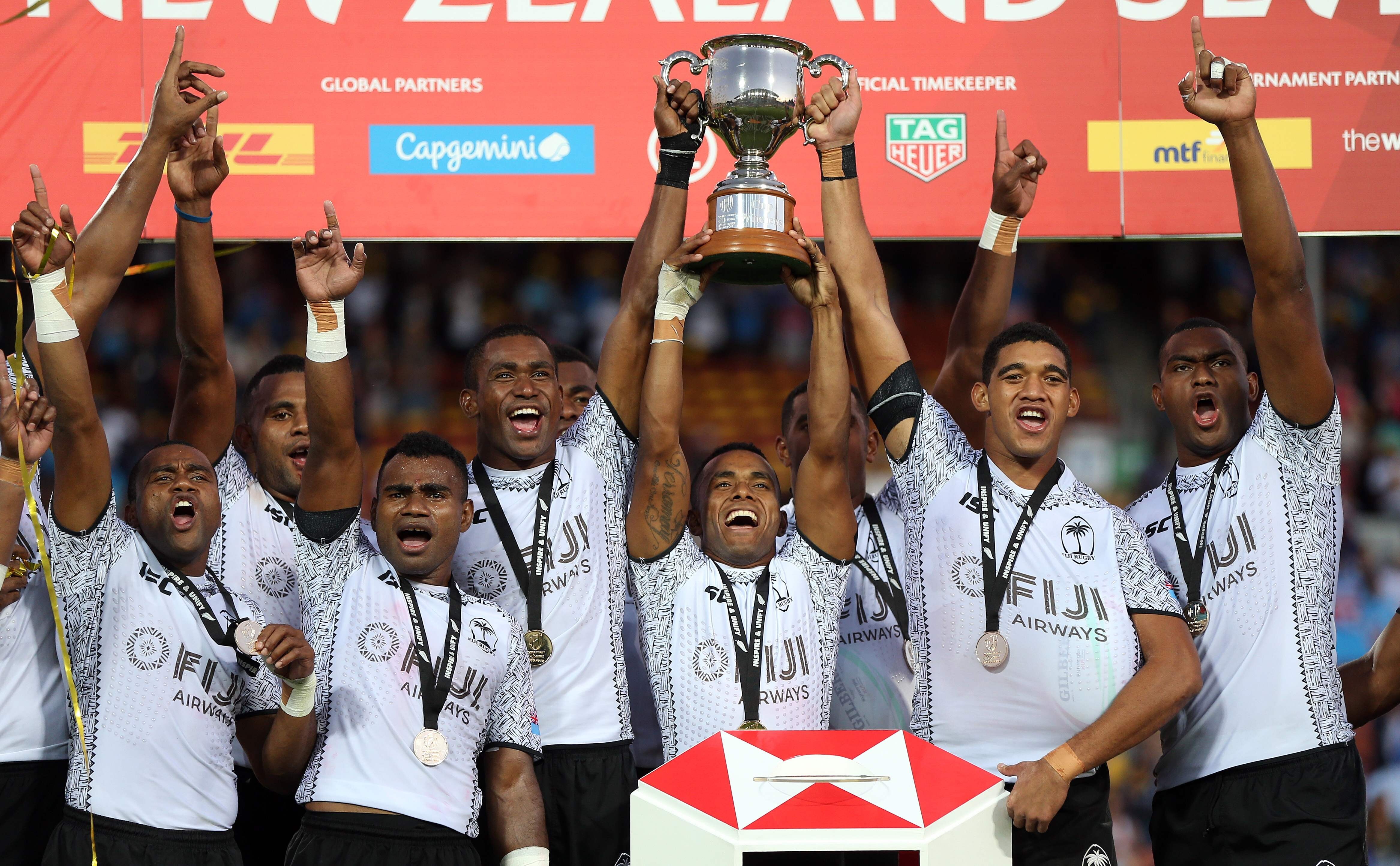 Fiji players celebrate winning the World Rugby Sevens Series trophy after a match against the US at the Waikato Stadium in New Zealand in 2019. Photo: AFP