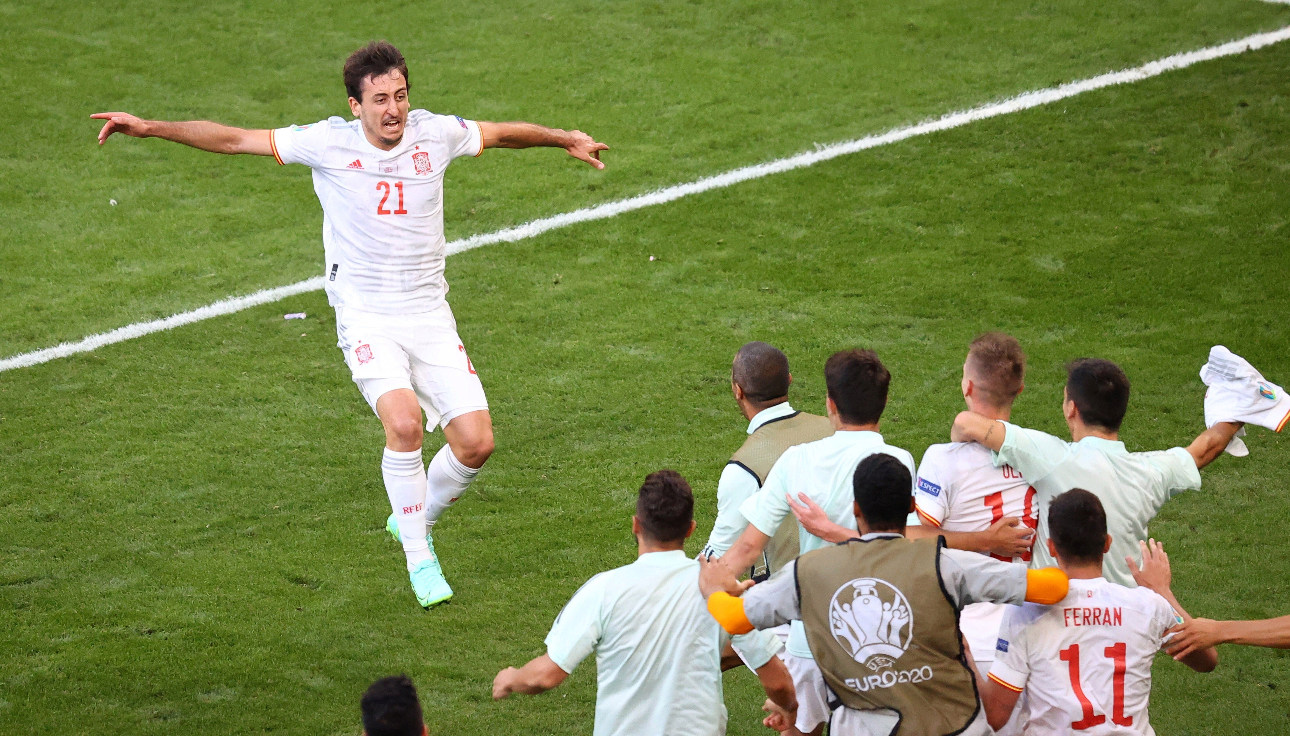 Spain’s Mikel Oyarzabal celebrates scoring their fifth goal with teammates. Photo: Reuters