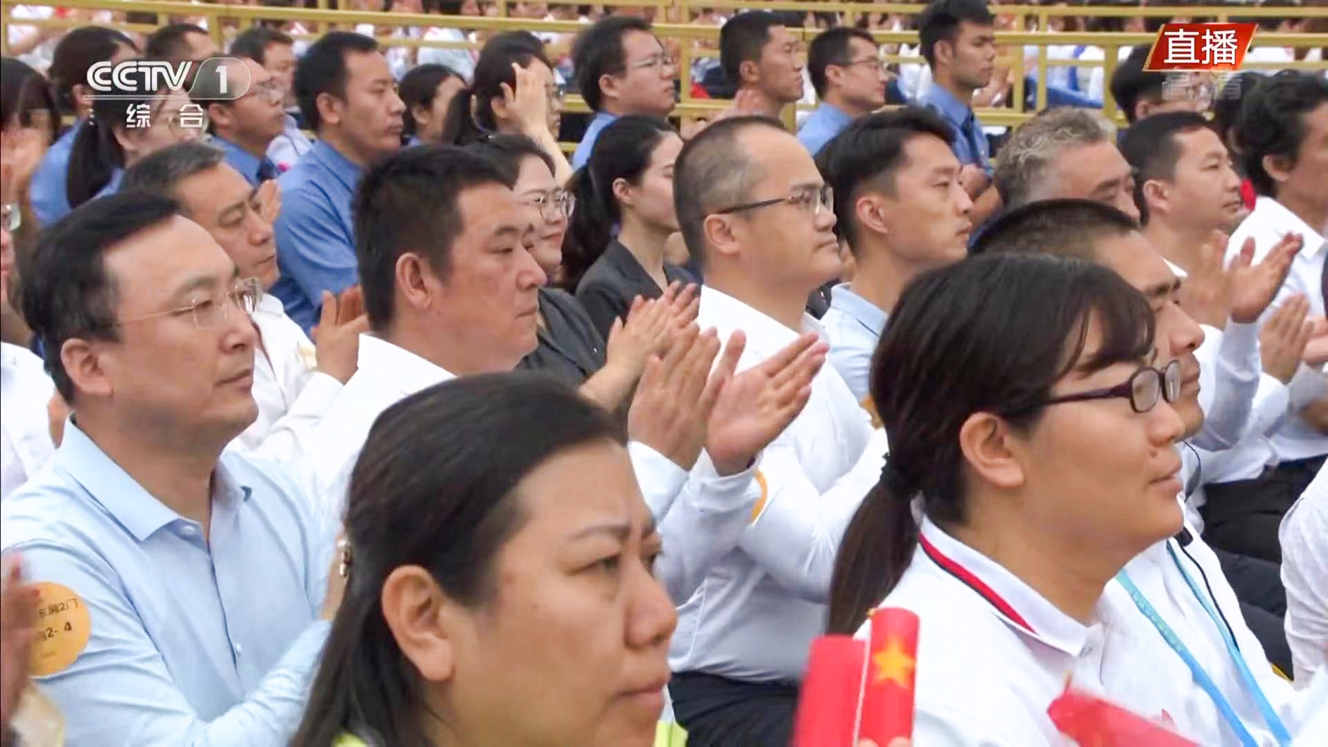 Meituan’s founder and chief executive Wang Xing (centre right, wearing white shirt and glasses) in the live broadcast of the Communist Party’s centenary celebrations. Photo: CCTV