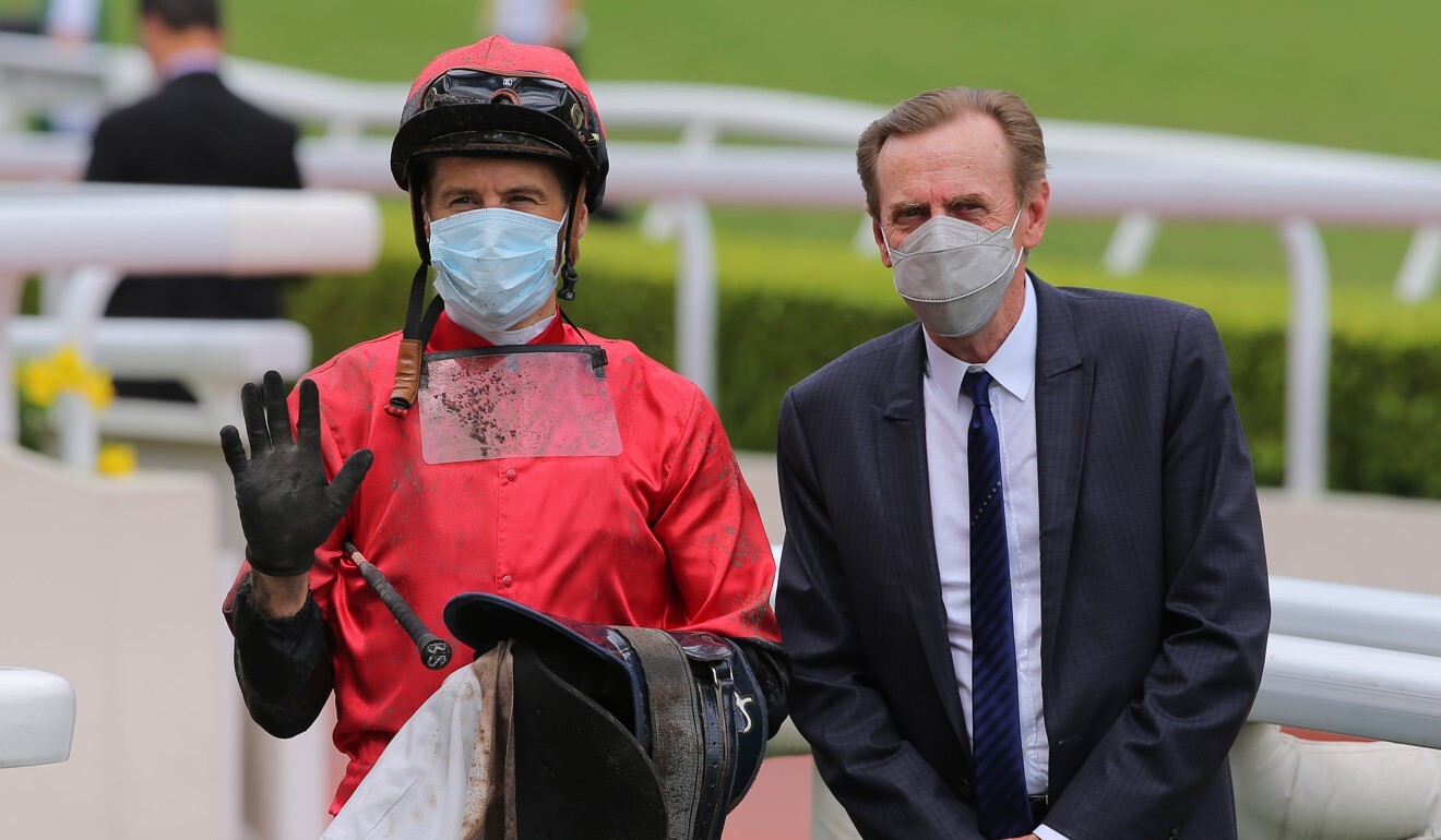 Jockey Blake Shinn and trainer John Size after Dashing Fit’s debut win.