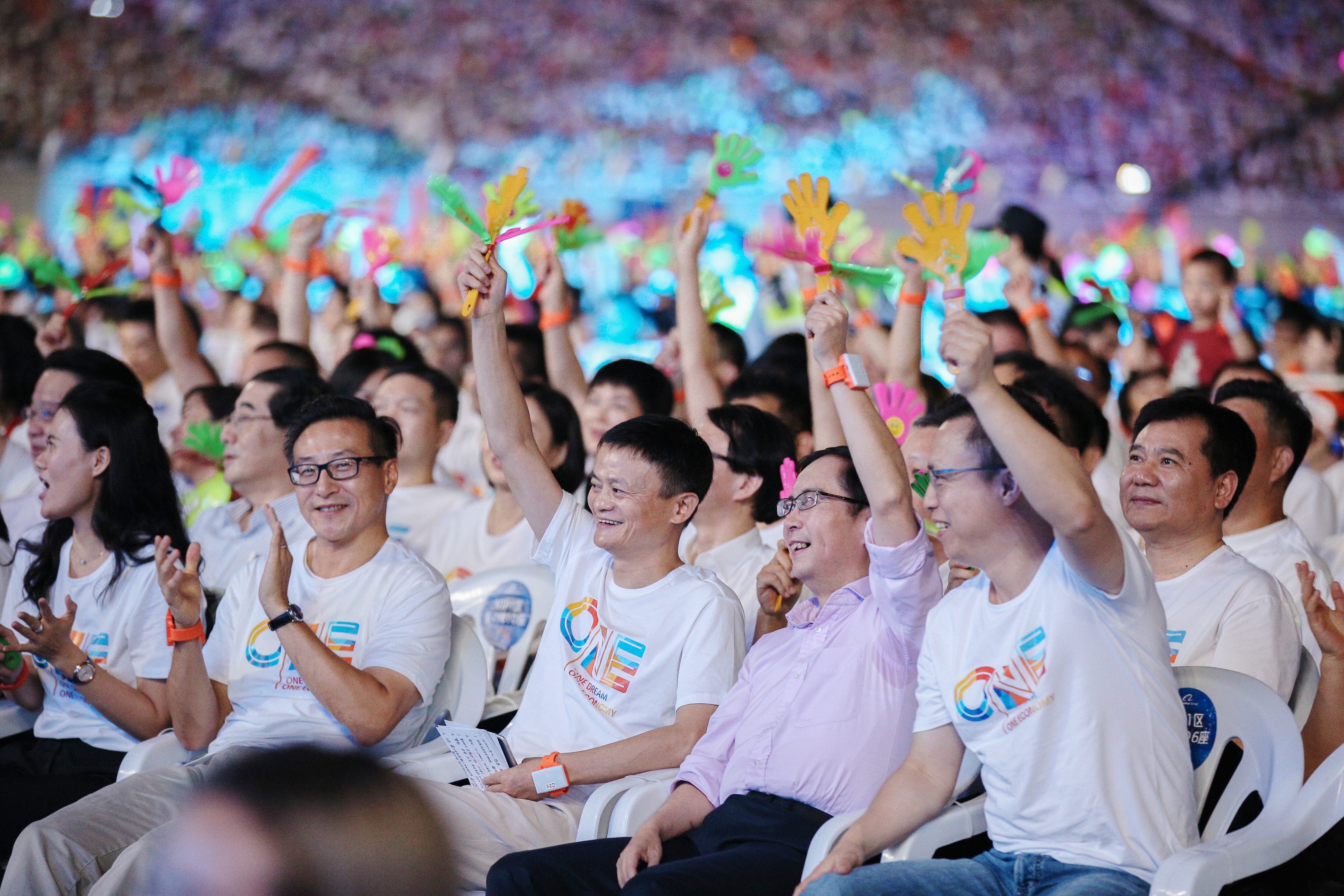 Alibaba Group Holding’s senior executives Joe Tsai (left), Jack Ma (centre) and Daniel Zhang (second right) during a company event in 2018. Photo: Handout