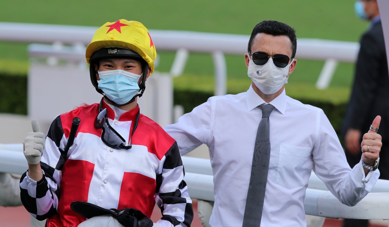 Jockey Jerry Chau and trainer Douglas Whyte celebrate their double on Thursday.