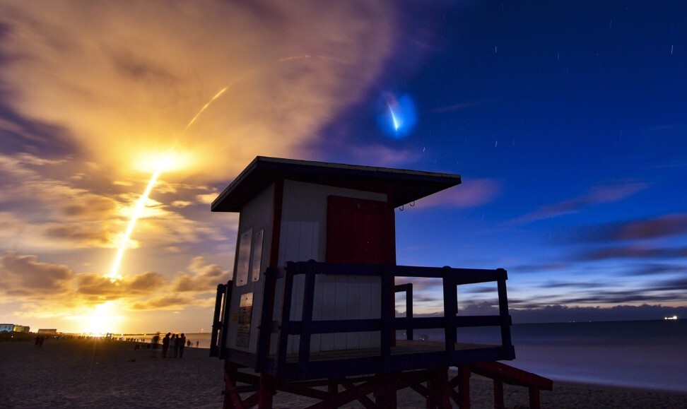 SpaceX launched its ninth batch of Starlink communication satellites atop its Falcon 9 rocket on June 13, 2020, from Cape Canaveral Air Force Station Launch Complex 40. A four minute time exposure of the launch viewed from Lori Wilson Park in Cocoa Beach. (Malcolm Denemark/Florida Today via AP)