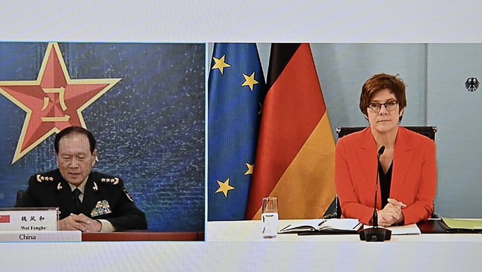 General Wei Fenghe and Annegret Kramp-Karrenbauer meet by video link on Tuesday. Photo: Twitter
