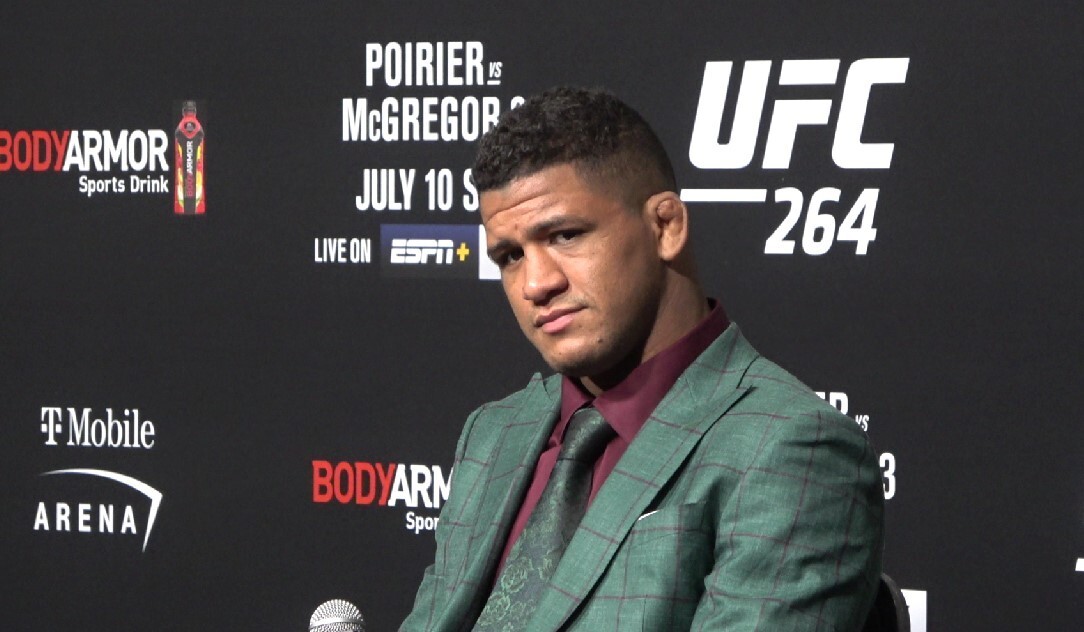Gilbert Burns speaks to the media ahead of UFC 264. Photo: Drake Riggs