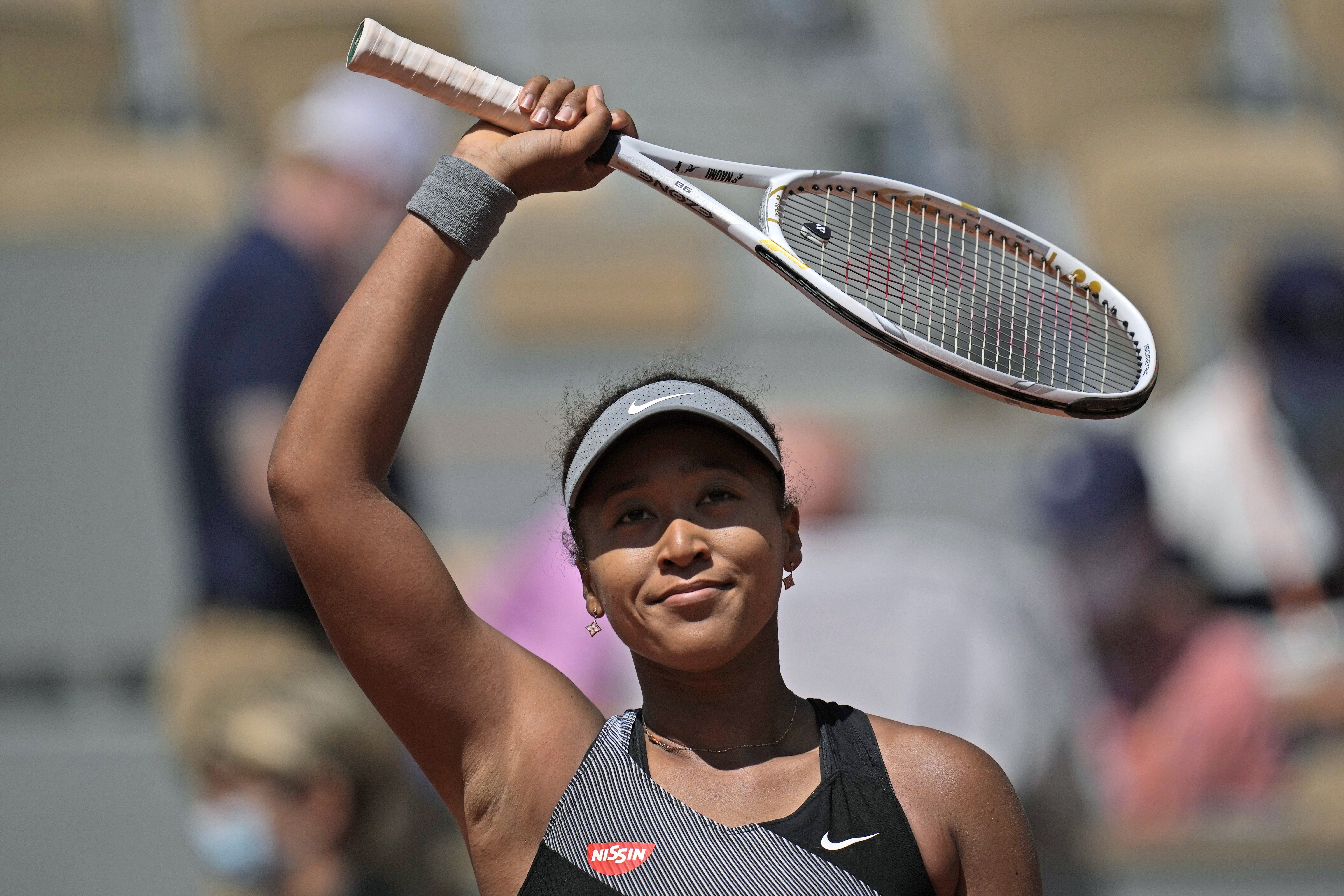 Japan's Naomi Osaka celebrates after defeating Romania's Patricia Maria Tig during a first-round match of the 2021 French Open tennis tournament at Roland-Garros. Osaka made her first public appearance since pulling out of the tournament at the 2021 ESPY Awards. Photo: AP