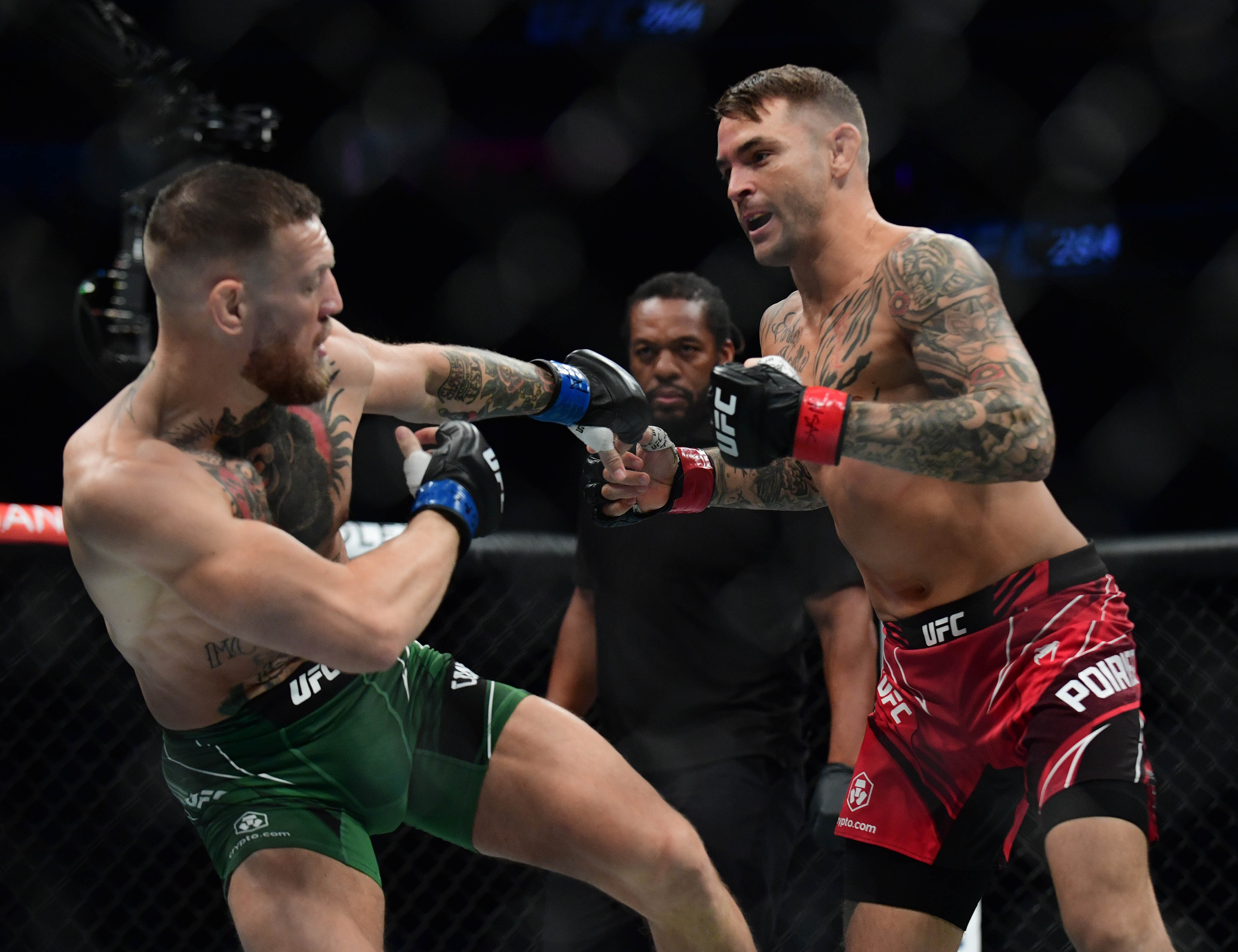 Dustin Poirier moves in for a hit against Conor McGregor at UFC 264. Photo: USA TODAY Sports
