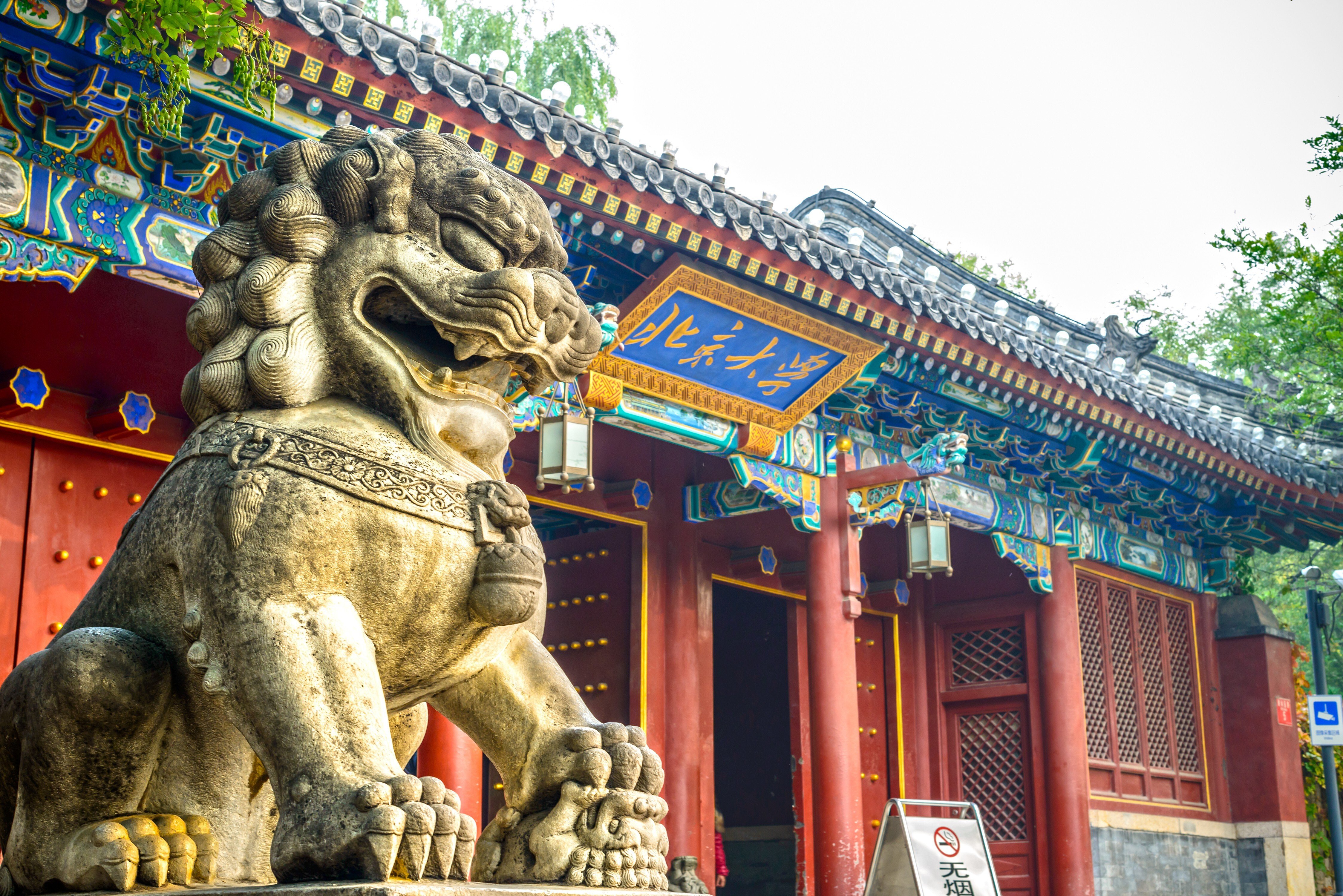 Chinese guardian lion. Located in west gate of Peking University, Beijing, China. Photo: Shutterstock