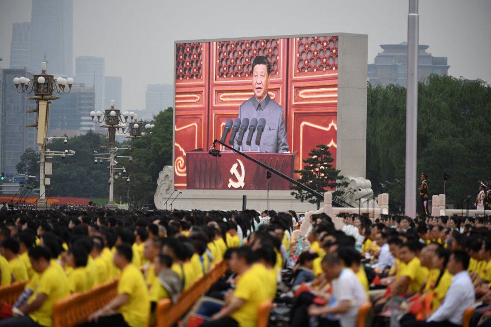 Chinese President Xi Jinping pictured on a screen in Tiananmen Square as he delivers his speech to mark the party’s centenary. Photo: AFP/Getty Images