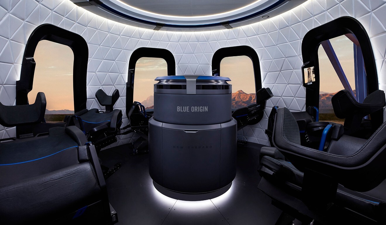 Inside the Blue Origin crew capsule. Photo: AFP
