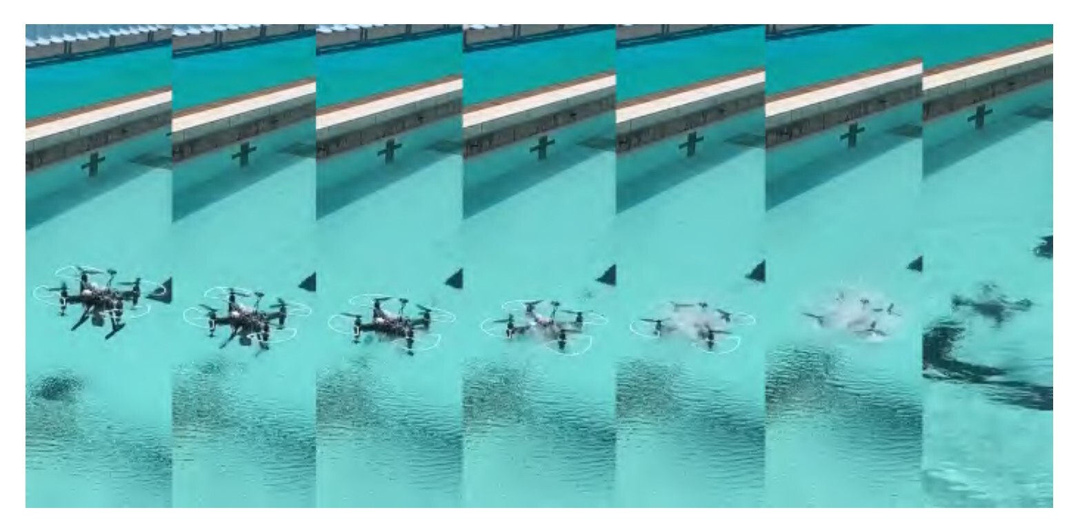 A transmedium drone flies out of water and then dives into water. Zhang Shuxin and his colleagues have reported that their drone used two kinds of blades with one designed to spin 3,600 times per minute in water to generate a powerful thrust. Photo: Xidian University