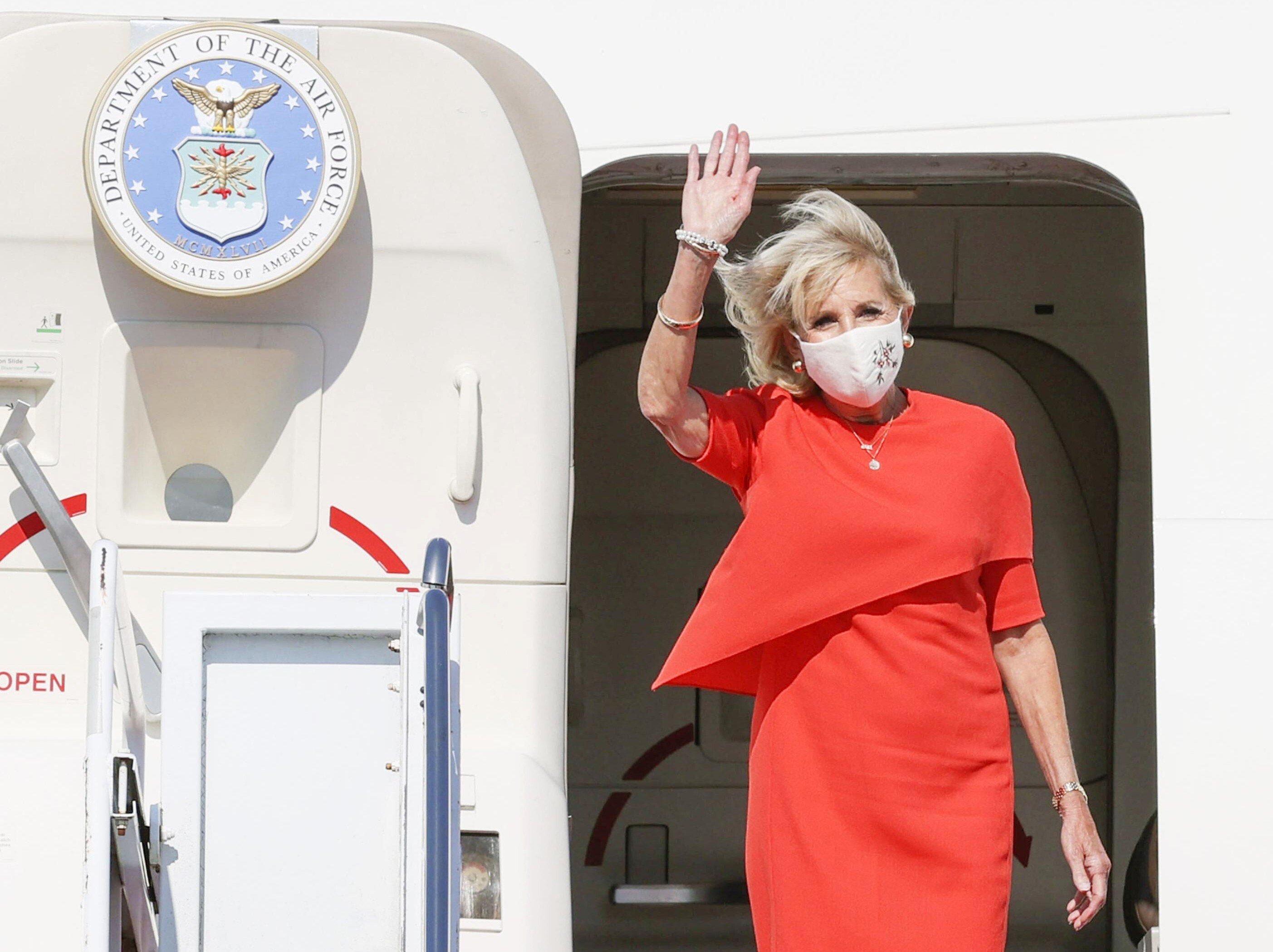 US first lady Jill Biden arrives at Yokota air force base, outskirts of Tokyo, on Thursday. Photo: Kyodo News via AP