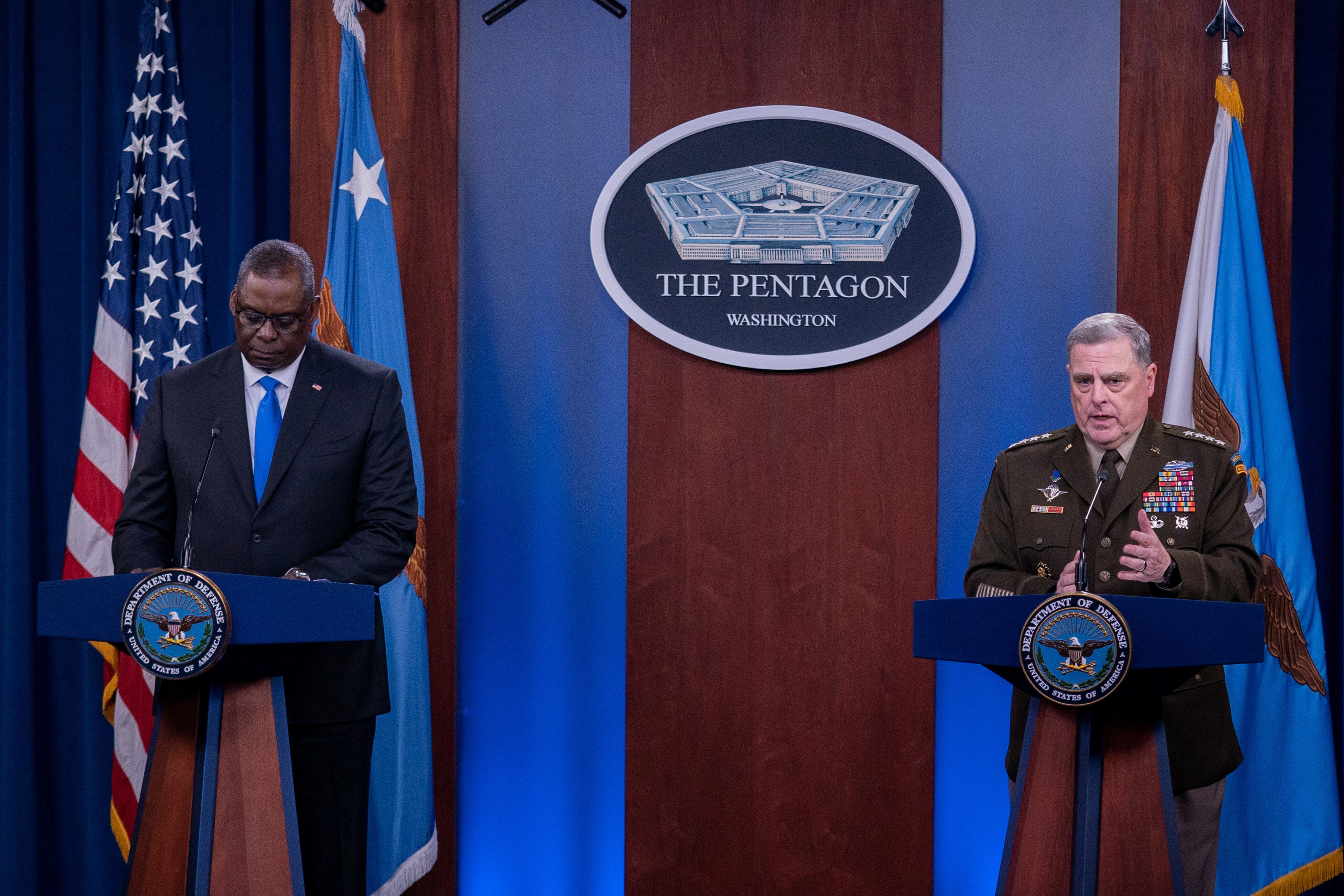 Chairman of the Joint Chiefs of Staff General Mark Milley, right, and US Defence Secretary Lloyd Austin at the Pentagon in Arlington, Virginia on Wednesday. Photo: Reuters