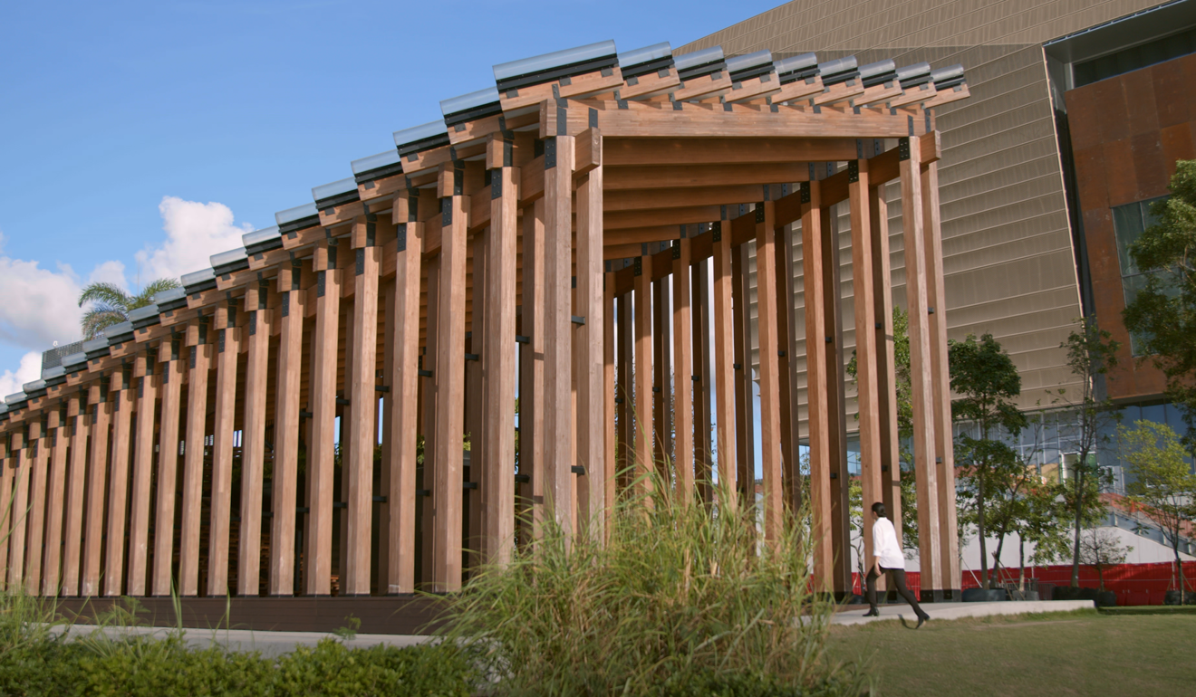 Growing Up pavilion, which has stood at the Nursery Park in West Kowloon Cultural District since March 2019, features an intricate structure of sustainable timber columns, which can be used as a performance and event space.