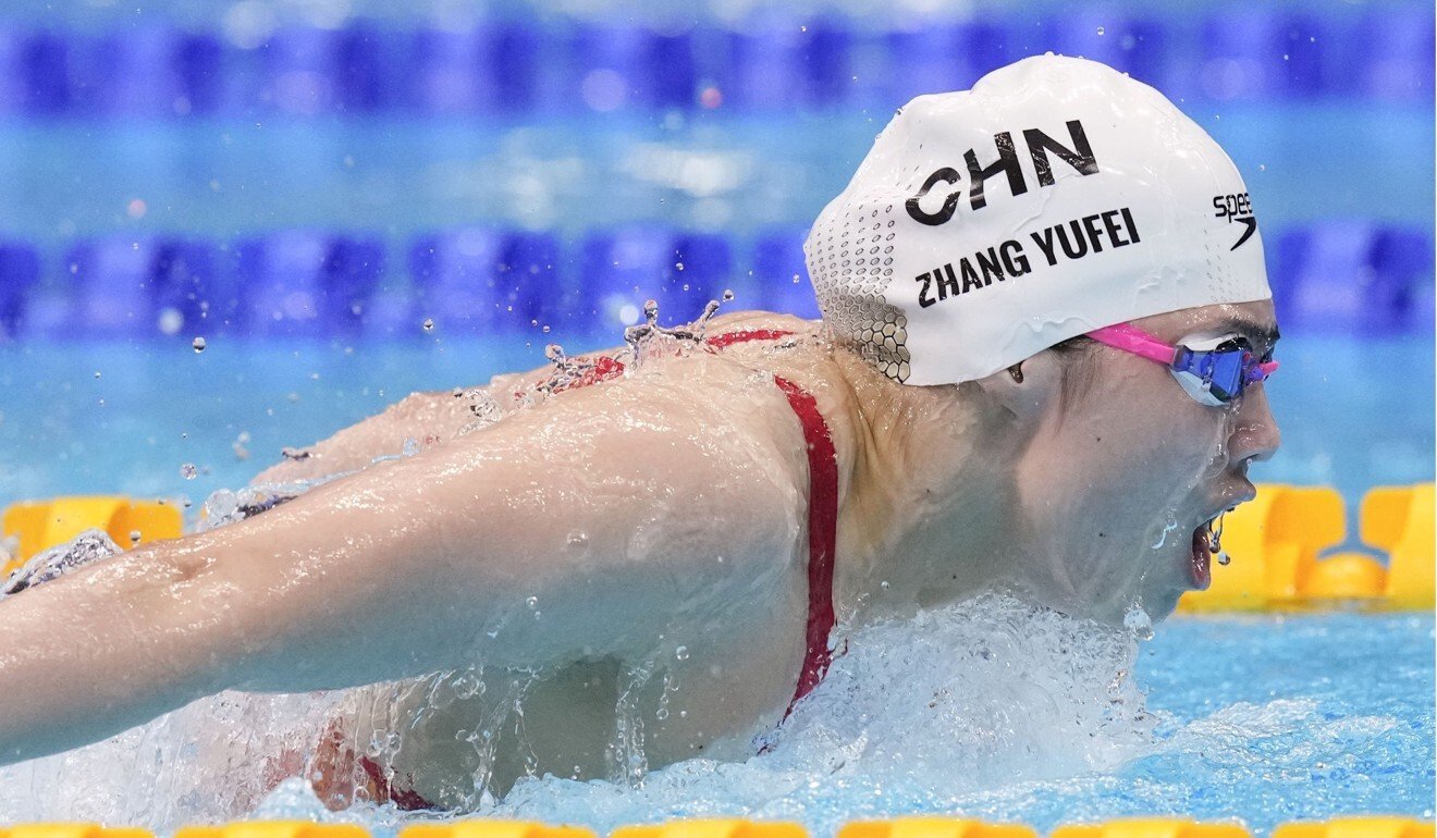 Zhang Yufei in full flow in the women’s 200m butterfly final in the Tokyo Aquatics Centre. Photo: Kyodo