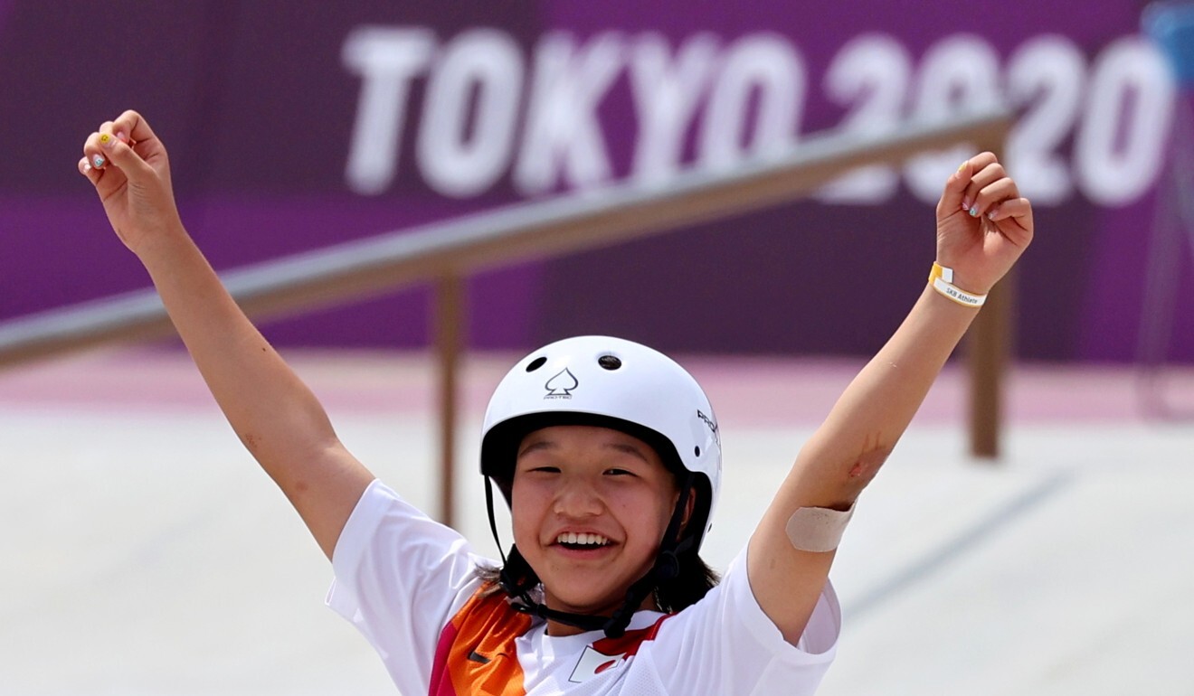 Momiji Nishiya of Japan wins gold in the women’s street skateboarding. Photo: Reuters