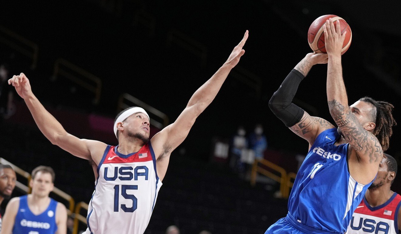 USA's Devin Booker in action during the Men's Gold Medal match at the  Saitama Super Arena