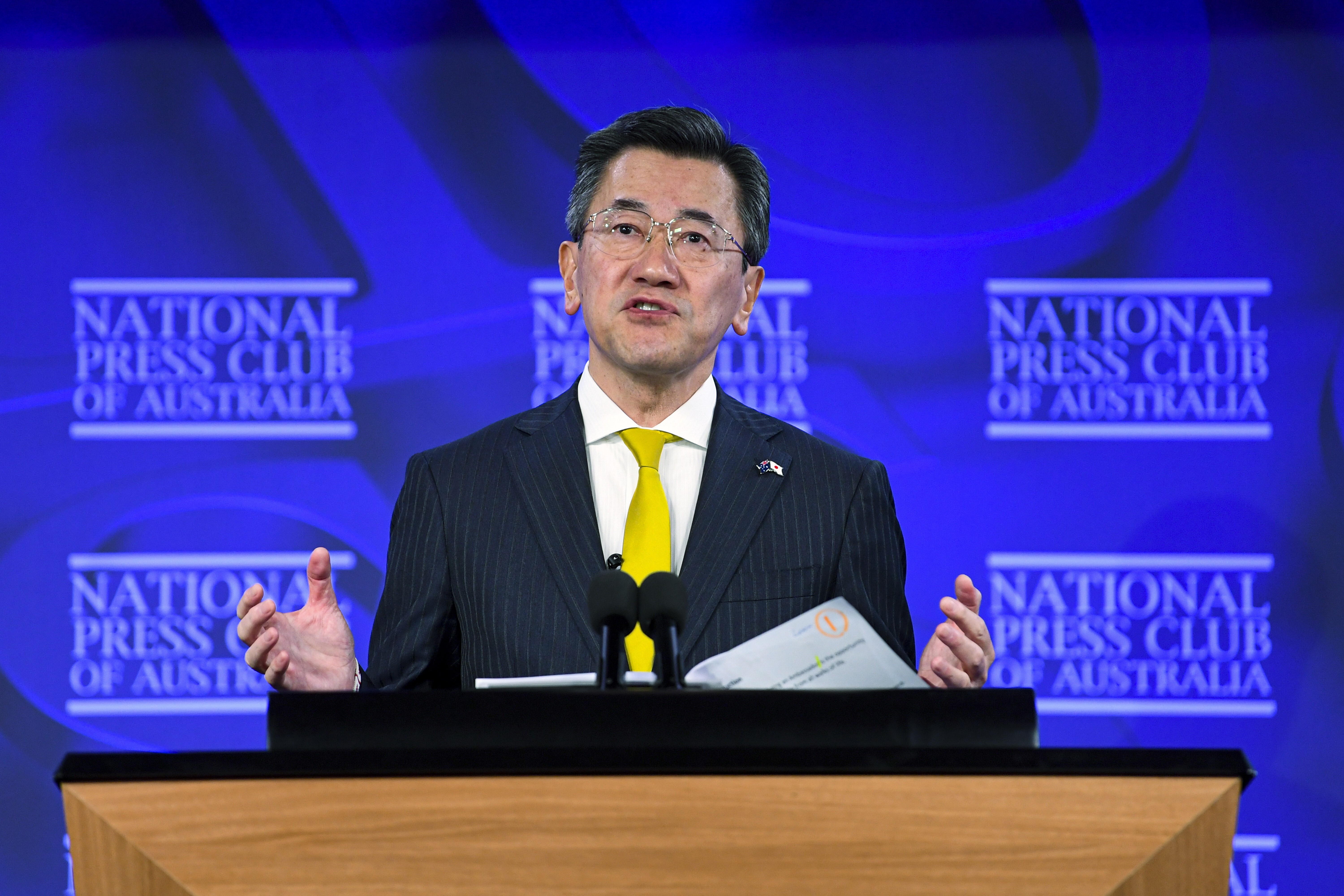 Japan’s ambassador to Australia, Shingo Yamagami, addresses the National Press Club in Canberra, Australia, on July 21. Photo: AP