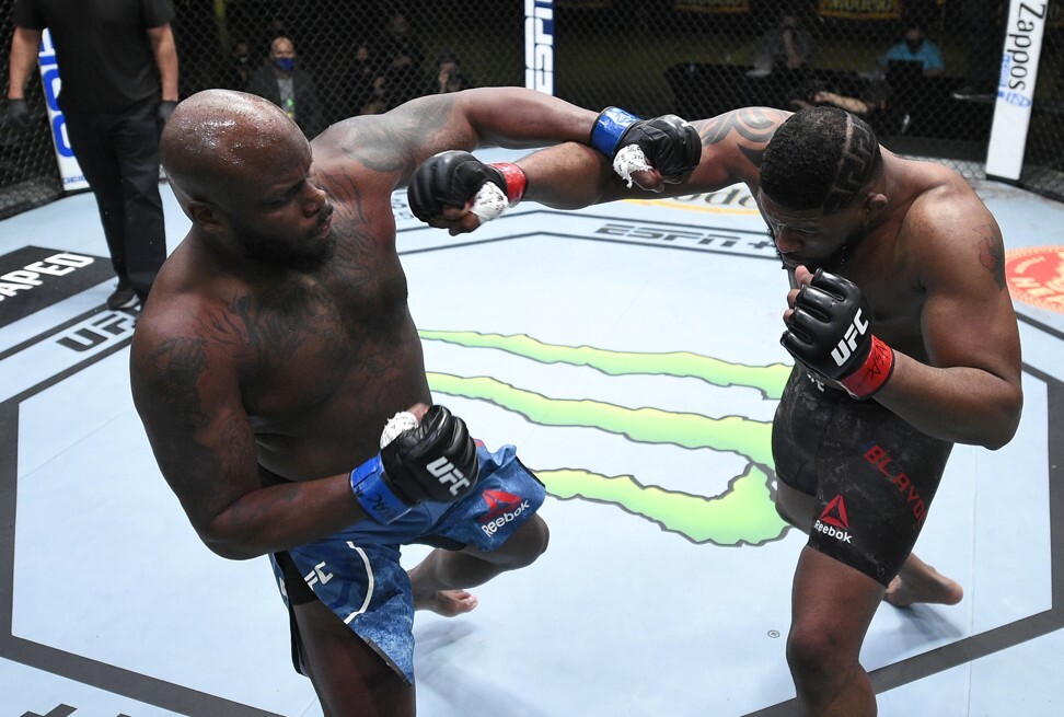 Derrick Lewis and Curtis Blaydes trade punches in their heavyweight bout. Photo: USA TODAY Sports